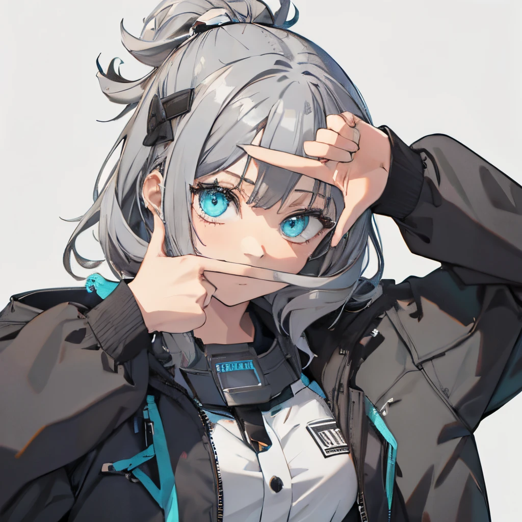 (masutepiece:1.2, Best Quality), 1 girl in, Turquoise eyes, jet-black hair, Jacket,(Gray white background:1.7),Finger Frame,full body,big breast,