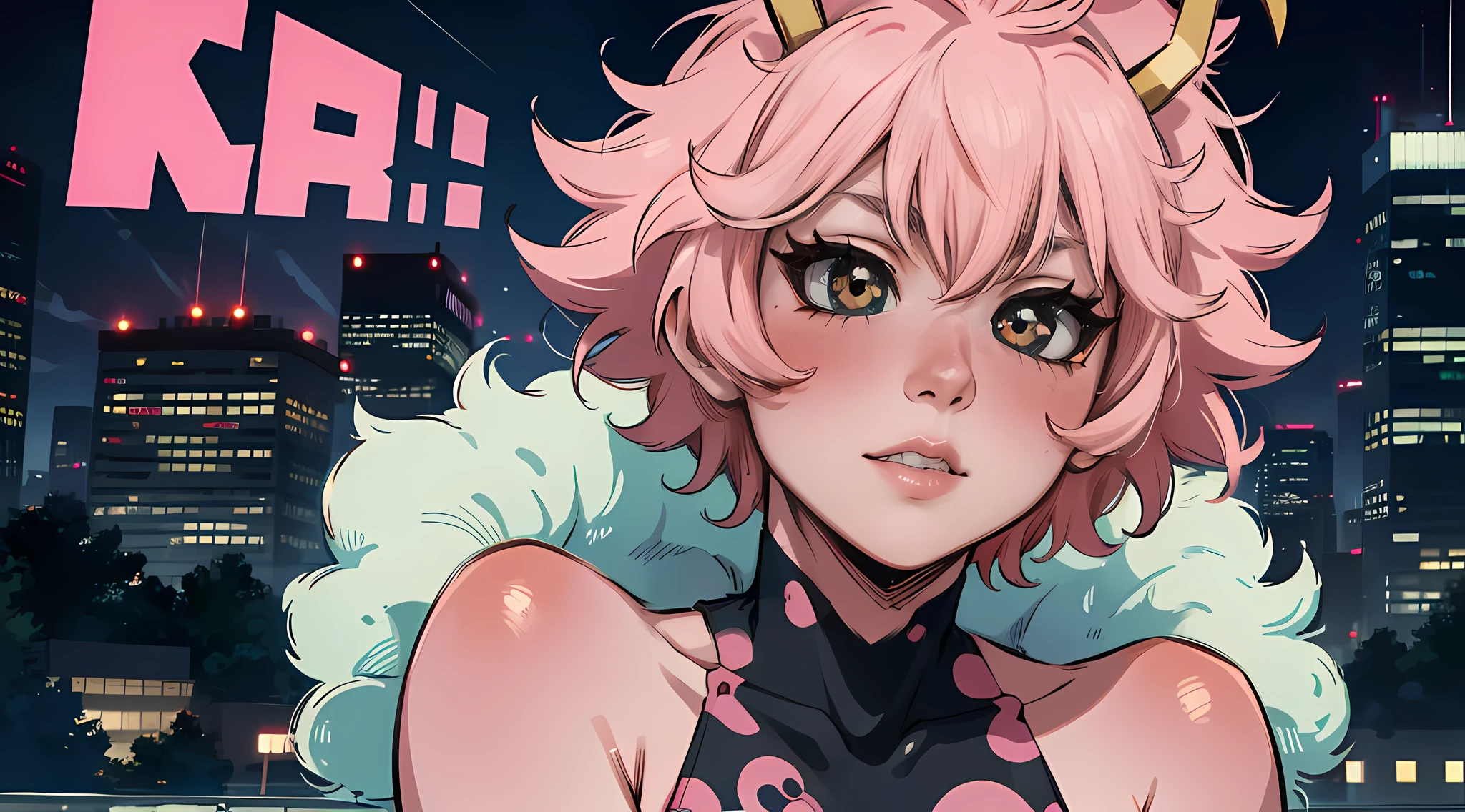 (best quality:1.3), (4k quality),1 mature woman, Mina Ashido by boku no hero, ((Detailed face)), (blush), ((city))