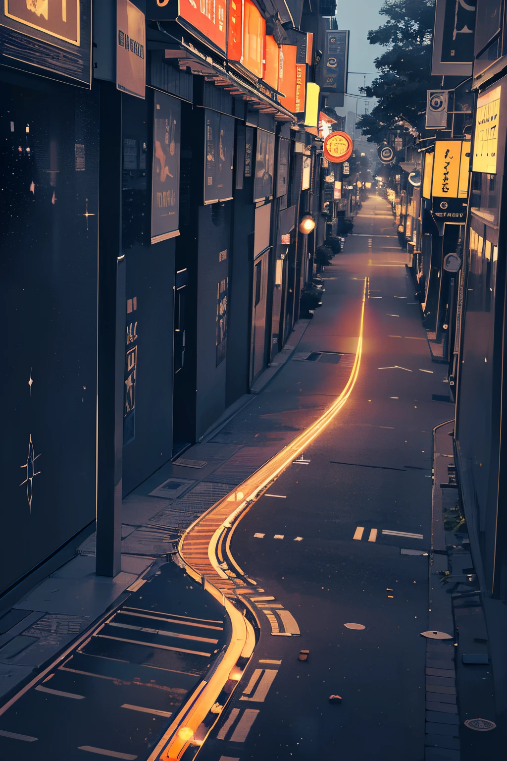 the night,the street,bustling,Full of hope,The night sky is starry,street lights shining,Landscape view,8K,Add high-resolution detail,A high resolution,fine