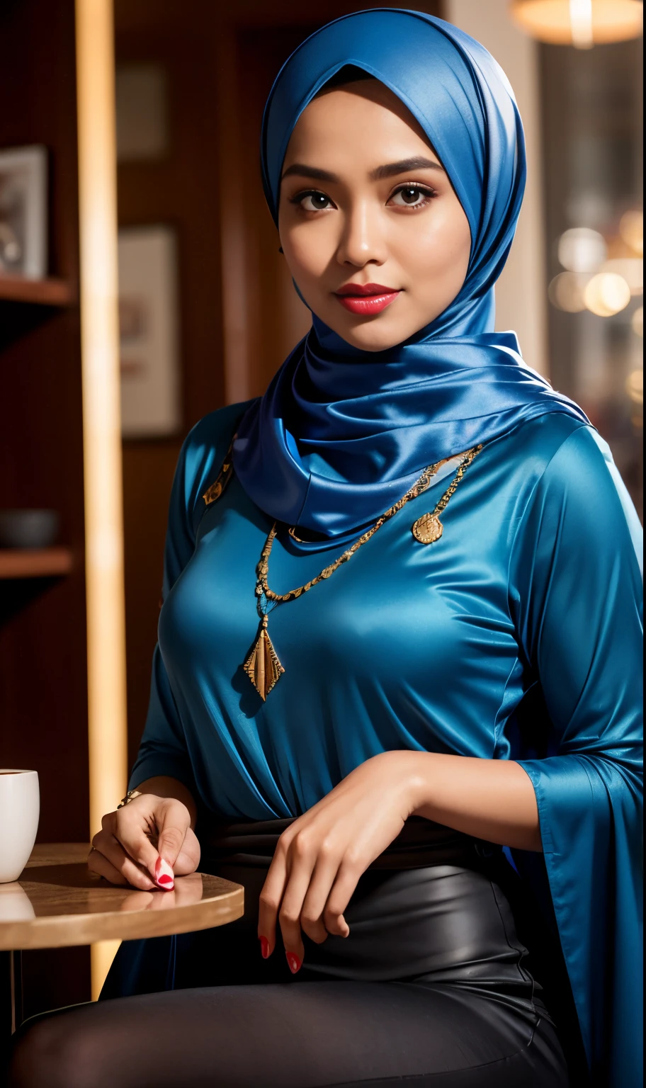 Half body portrait of a 33 years old malay woman sit in front of giant mirror, wearing hijab, wearing blue inner with satin gold slack, narrow waist, indoor shot, looking up at coffee shop sign, soft lighting, smirk face, circle bokeh , big breast, catwalk, morningtime, surrounded by a comfortable, cool atmosphere, looking at the viewer. (Skin details:1.3), hairy hands, Hijab, slim, red lips, seductive with bokeh camera background