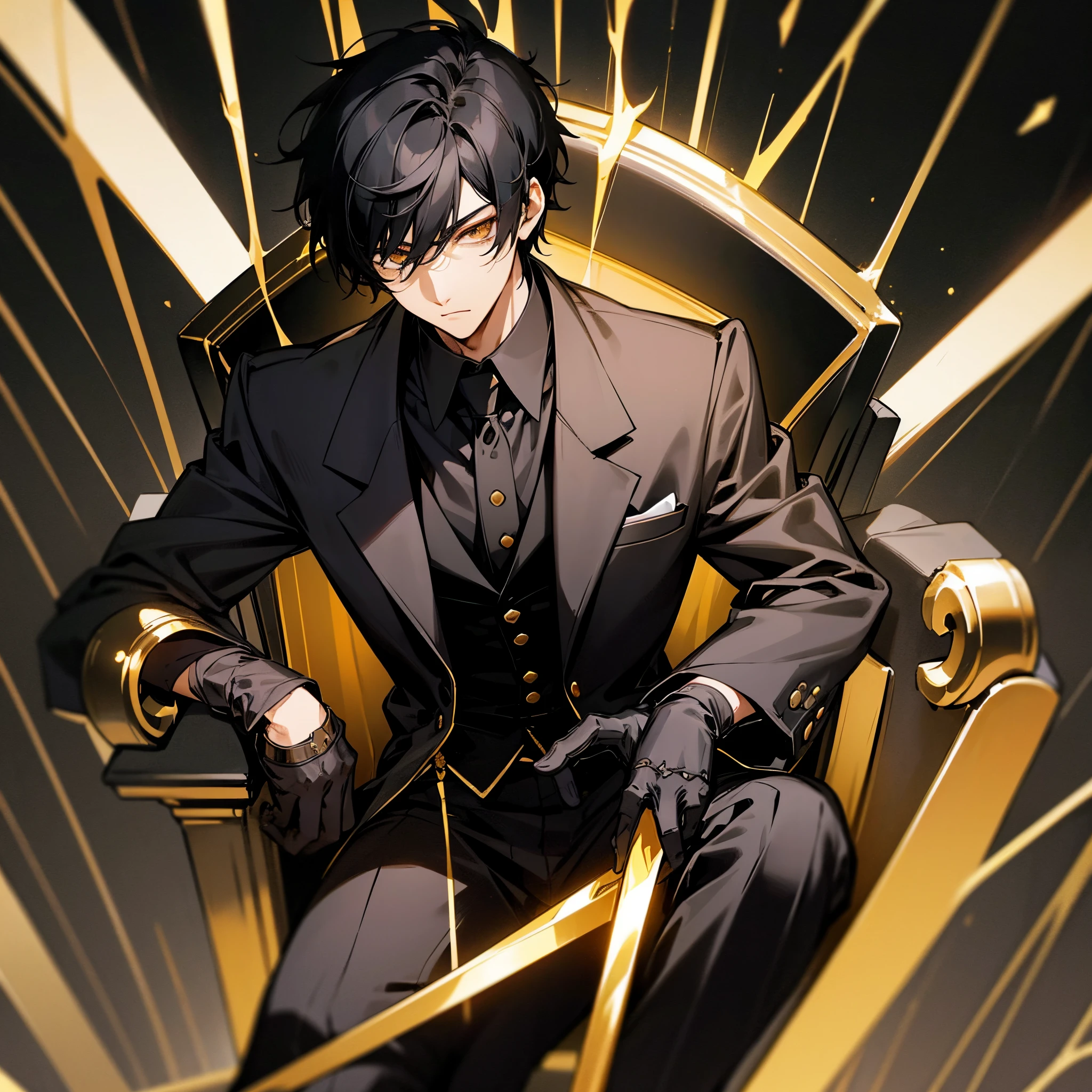 Black hair, short hair, gold eyes, dark eyes, teenager, glowing eyes, handsome male, male protagonist, all black suit, black gloves, sitting on a throne