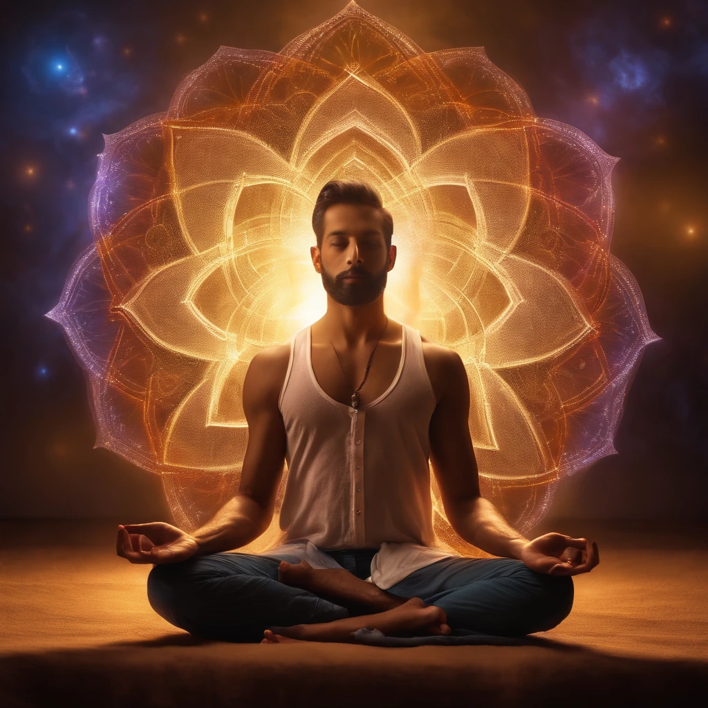 "Self Portrait of a yogi-man, seated- padmasana-lotus posture, With a third eye chakra symbol-mixed with rainbow illuminated lightbulb, penetrating eyes and highly realistic details. Use me as the model, young, masculine, handsome. Captured with an artistic sensibility, high quality photography, naturally illuminated. Behind is a spiral fractal of light energy eminating from his chest, surreal and psychadelic background with photo realistic face and body of you d fit man, wearing linen button-down shirt, meditating. Waves and fractals are overlaid through the heart center. camera footage: Nikon D850. Lens: 50mm. Opening: f/1.4."