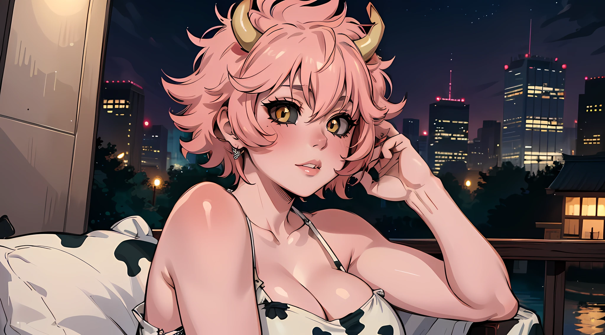 (best quality:1.3), (4k quality), 1 mature woman, Mina Ashido by boku no hero, ((Detailed face)), (blush), city, (cow long dress)