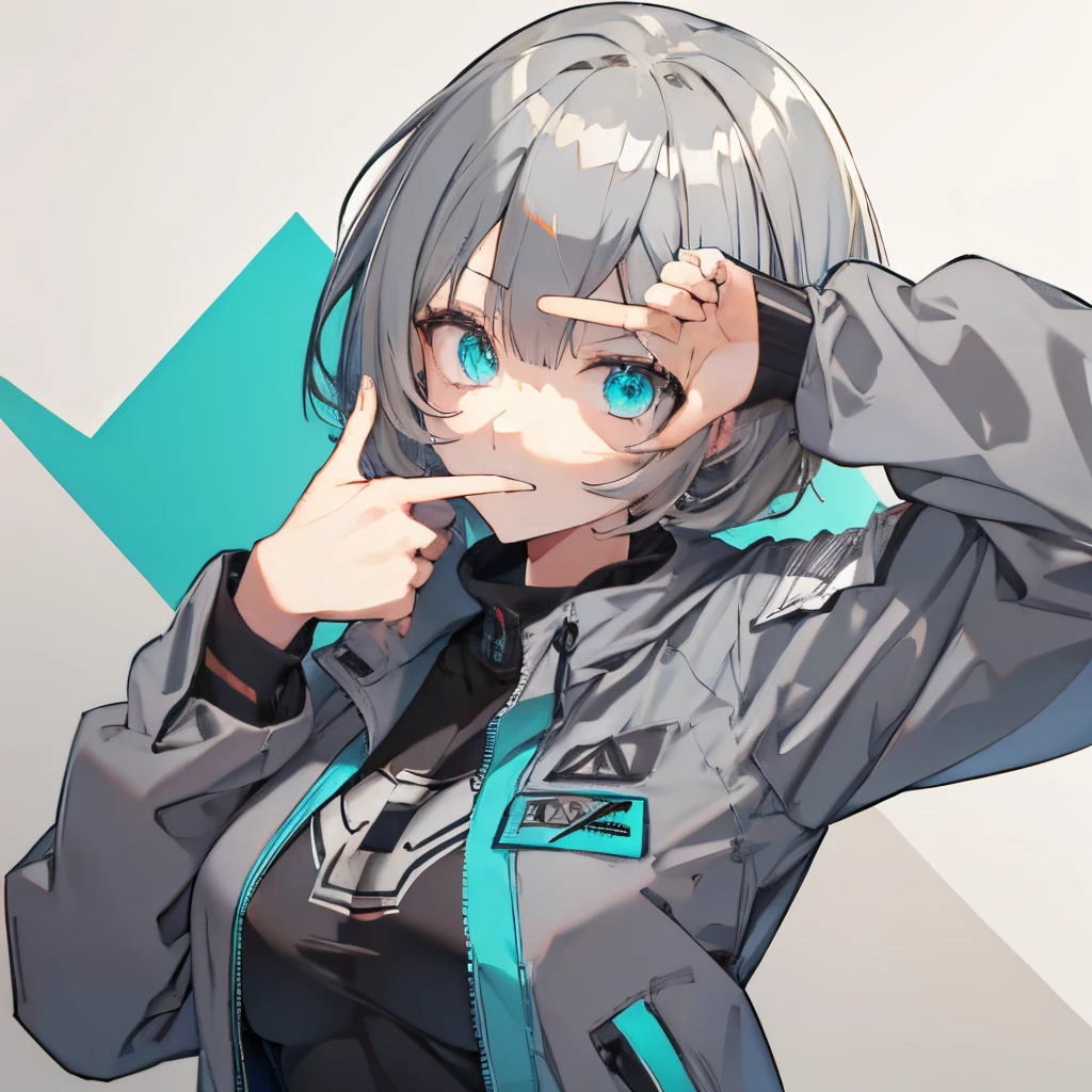 (masutepiece:1.2, Best Quality), 1 girl in, Turquoise eyes, jet-black hair, Jacket,(Gray white background:1.7),Finger Frame,full body,big breast,