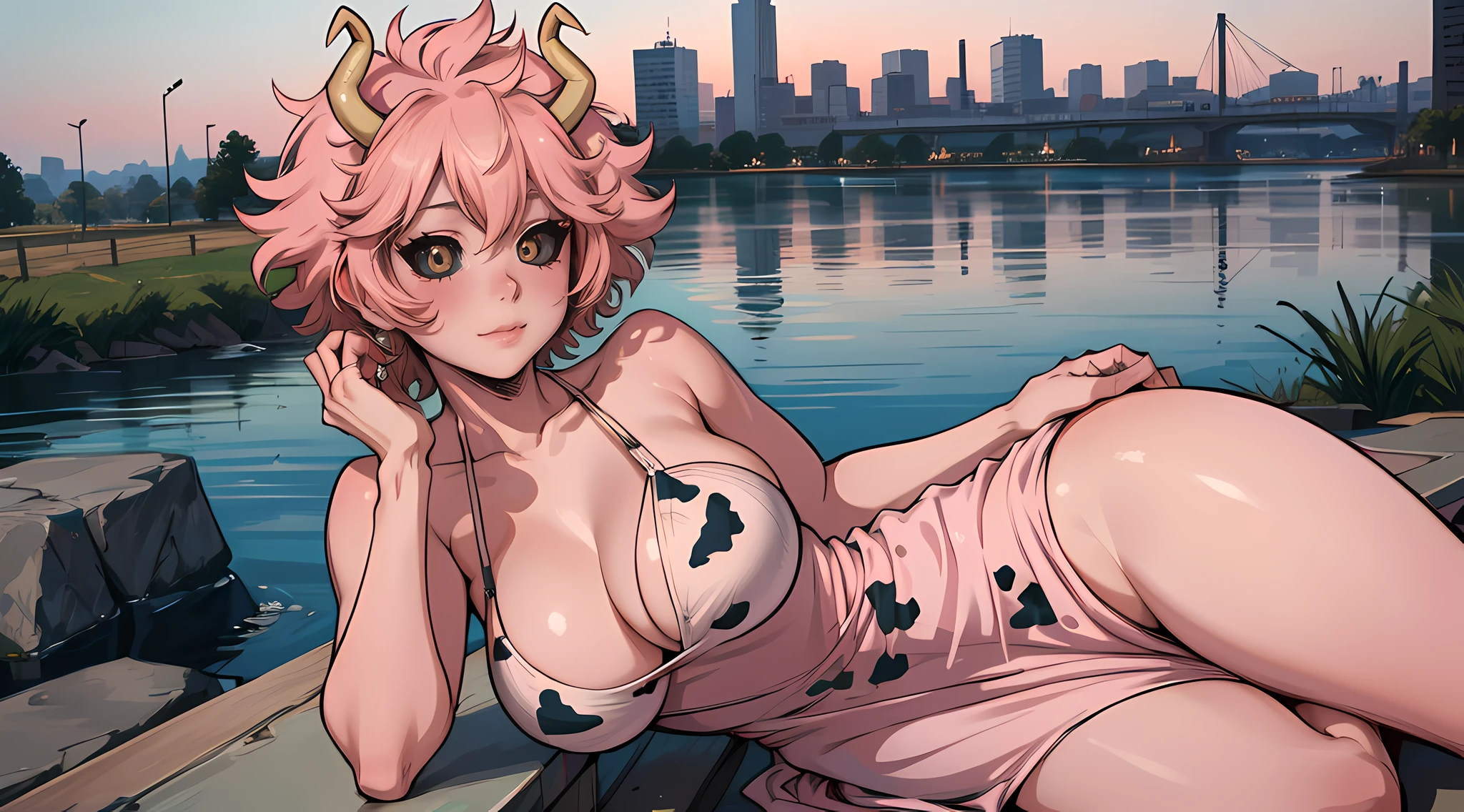 (best quality:1.3), (4k quality), 1 mature woman, Mina Ashido by boku no hero, ((Detailed face)), (blush), city, (cow long dress)