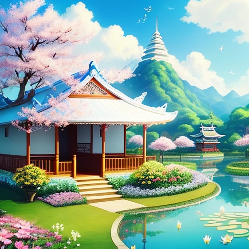 、beautifly、amazing landscape、with blue sky and white clouds、flower、Chii、、The lotus flowers,garden,vila,city,region,Yellow Temple、a paradise、a chair、a bed、Smoke、Fluttering Flag、Indoor, Red carpet,canopy,thai style,Resort、springtime、full bloom、flat land、celestial realm、Yellow roof、safety、railing、Serene