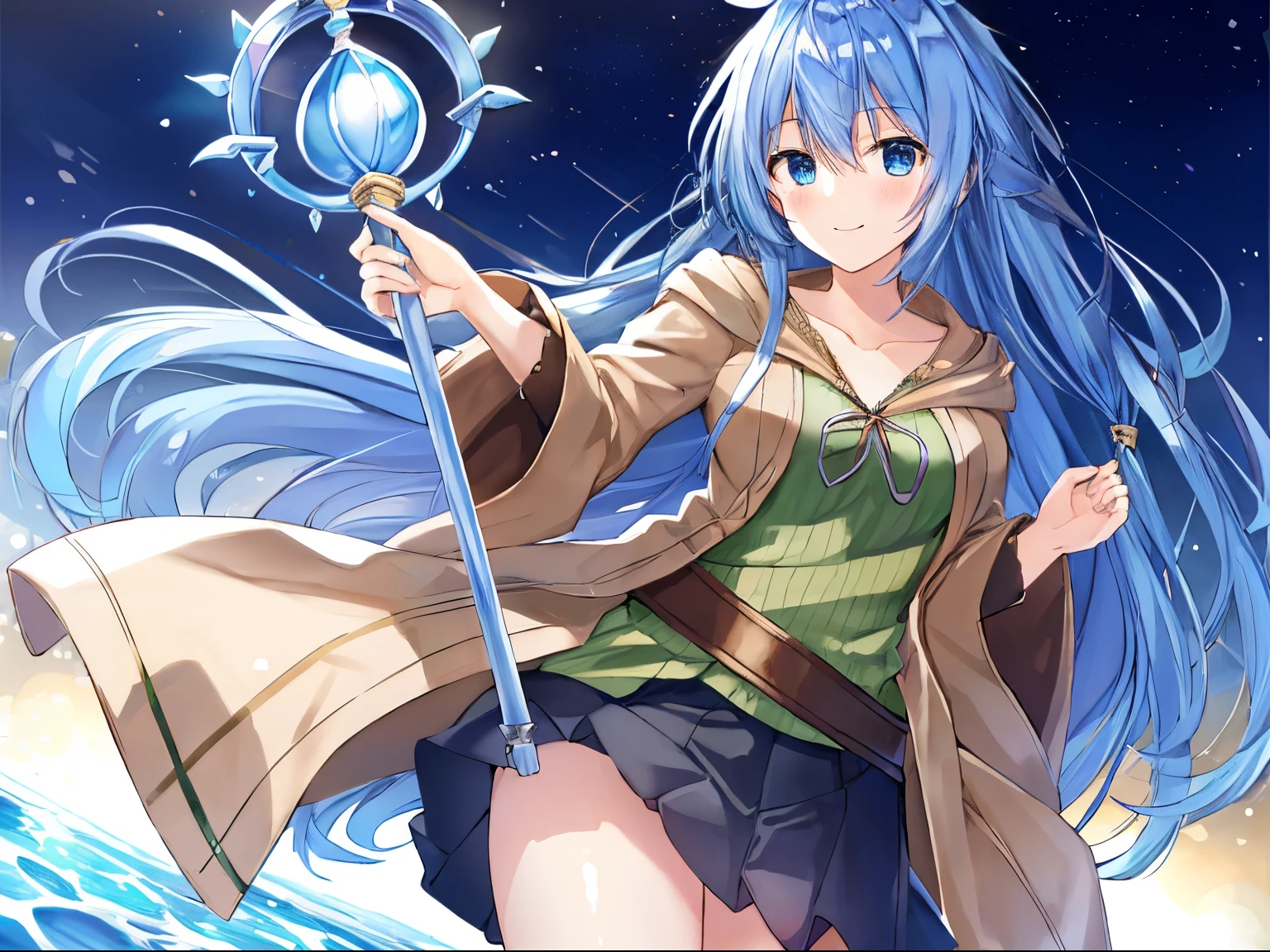 masterpiece, best quality, ultra high quality cg, eria ygo, 1girl, solo, long hair, looking at viewer, skirt, shirt, long sleeves, hair between eyes, medium breasts, closed mouth, collarbone, cowboy shot, pleated skirt, open clothes, hood, wide sleeves, black skirt, blue background, hood down, staff, robe, green shirt, smile, happy, playing on water, lake, duel monster, ribbed shirt, open robe, hooded robe