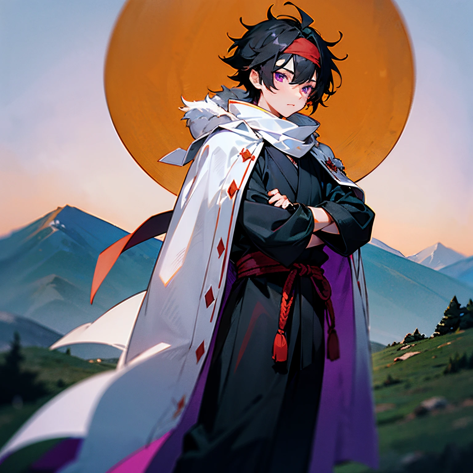 1male , black hair , purple eyes , messy hair , Black Clothing Underneath ,Form Fitting Sleeves, White Fur Trim Over Shoulder Cloak,Layered Clothing, white turban on head, ninja clothing , young boy, Mountain Background , standing on mountain , Masterpiece Quality , Perfect Quality ,