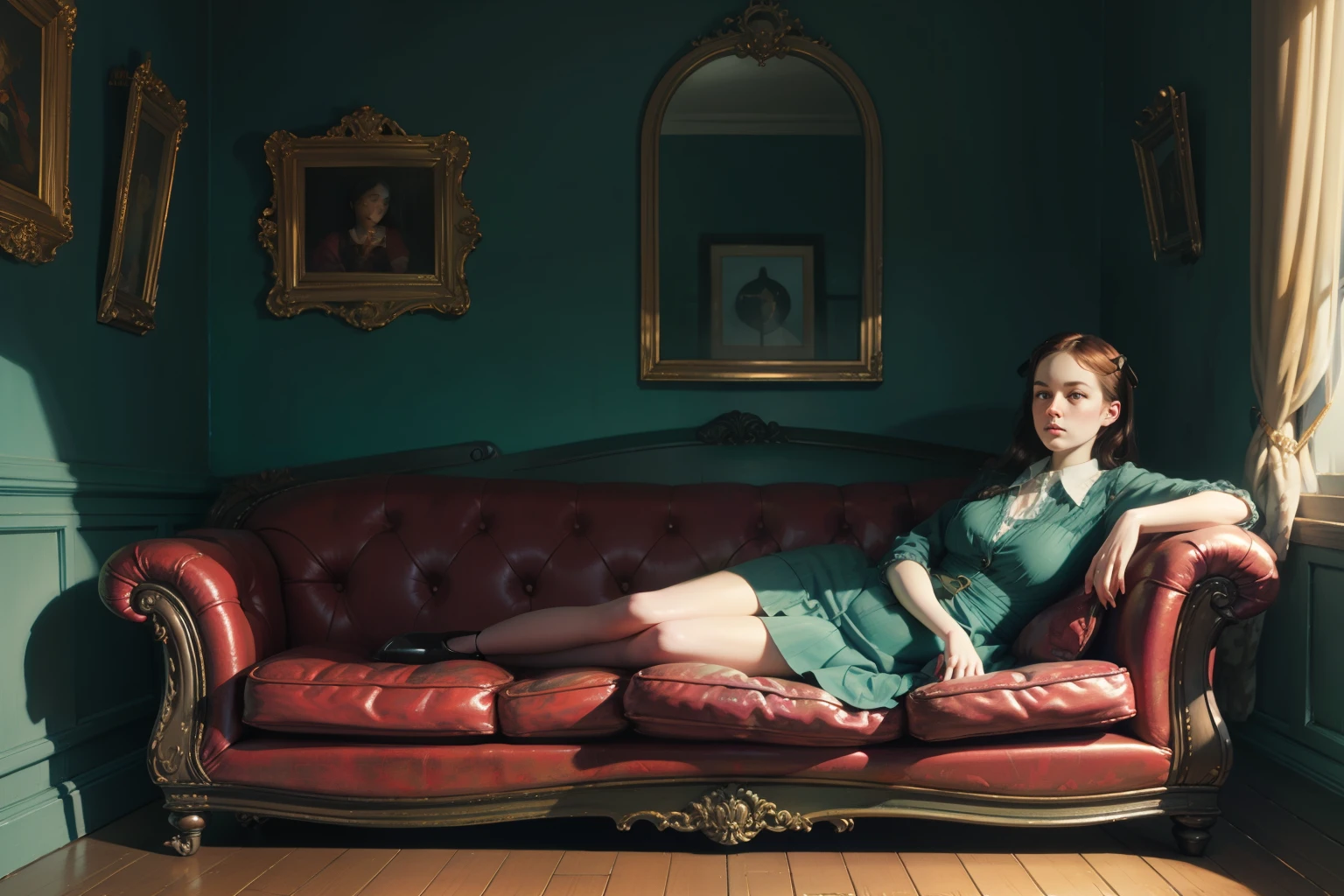 painting_in_the_style_of_mark_ryden_and_edward_hopper___an_realistically_depicted_woman_stitting_on_a_couch-