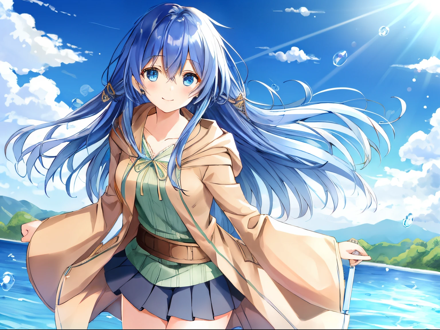 masterpiece, best quality, ultra high quality cg, eria ygo, 1girl, solo, long hair, looking at viewer, skirt, shirt, long sleeves, hair between eyes, medium breasts, closed mouth, collarbone, cowboy shot, pleated skirt, open clothes, hood, wide sleeves, black skirt, blue background, hood down, staff, robe, green shirt, smile, happy, playing on water, lake, duel monster, ribbed shirt, open robe, hooded robe