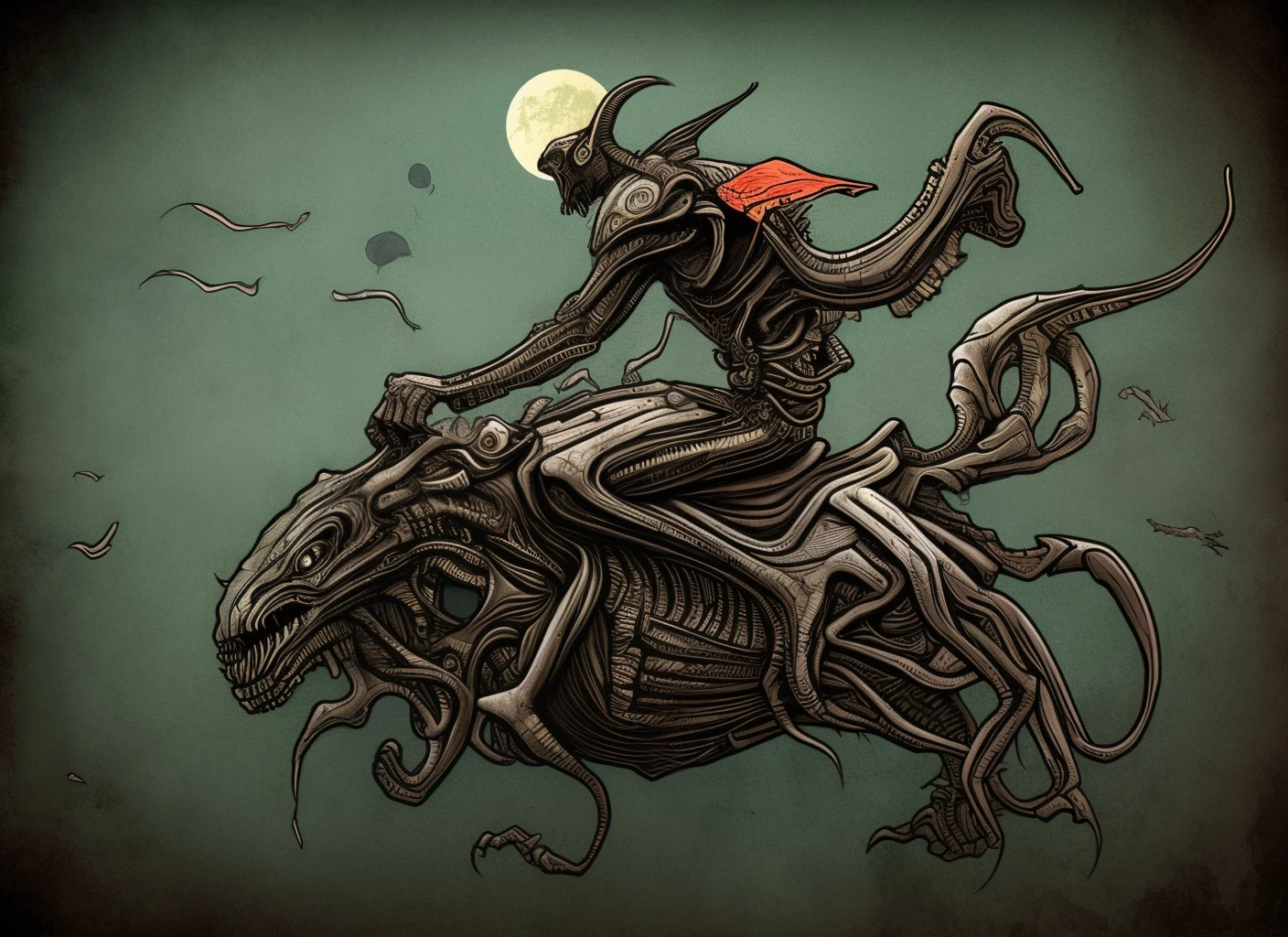 g1h3r fantasy Expressionism black-tinted drawing, a coloured line drawing of a mature black-toned Italian earth alien riding a horse in a Wild West town, white filigree inlay, intricate, crisp lines, skin imperfections <lora:GigerRainbowXL:1>