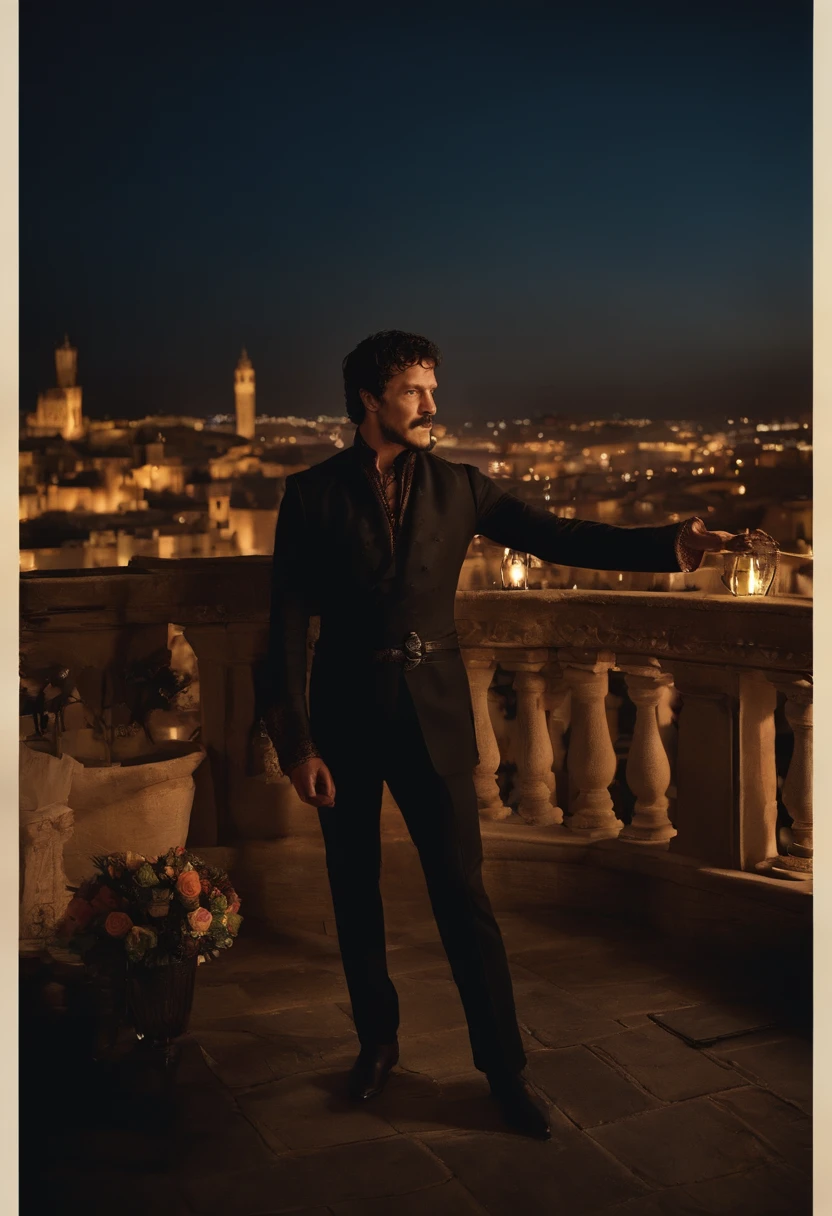 A photo of Oberyn at an extravagant rooftop party, surrounded by glamorous guests and city lights,Game of Thrones TV series,Oberyn is a tall man with black hair and a beard, famously portrayed by Pedro Pascal, male