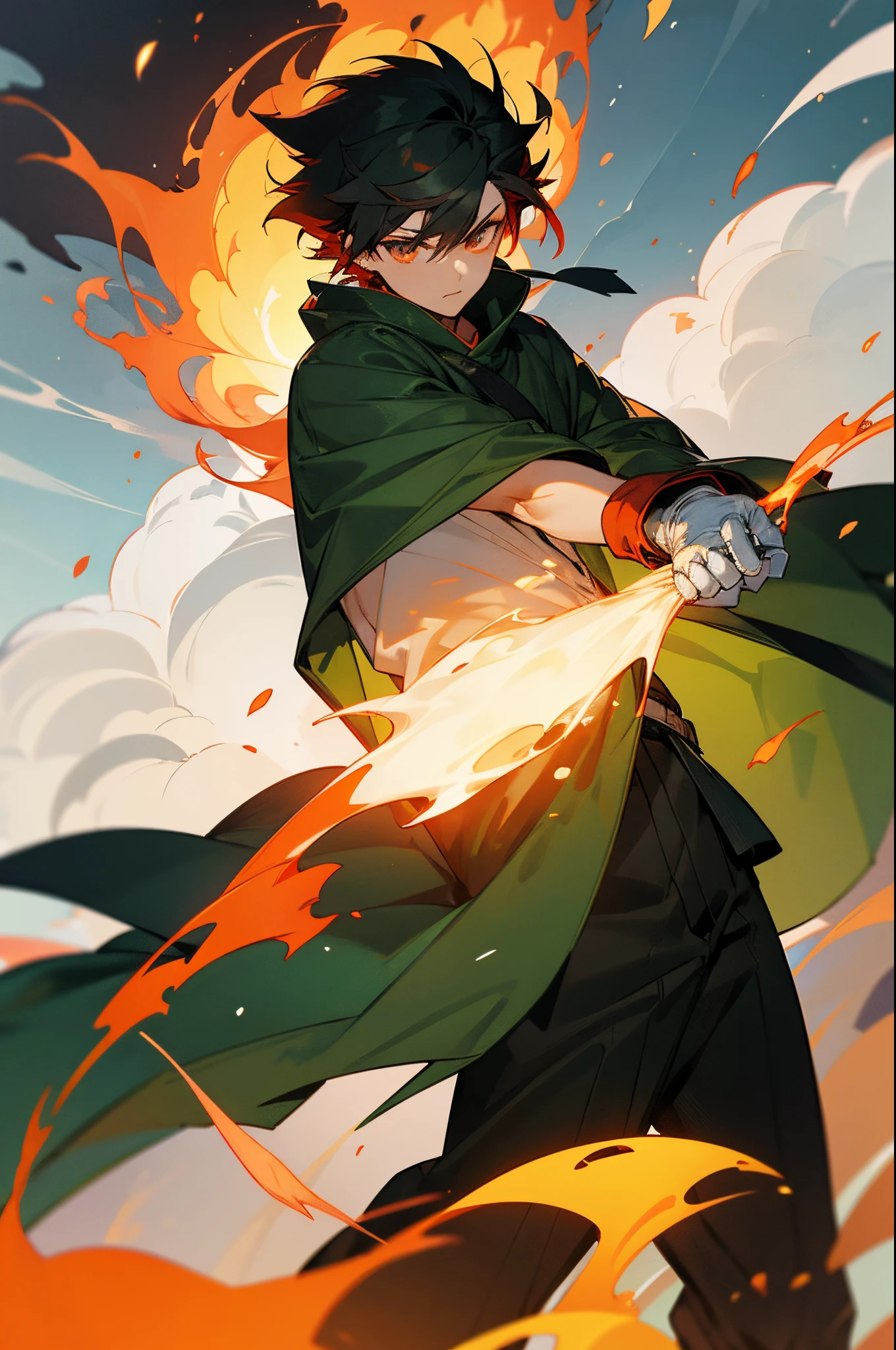 1male , Teen, Black hair, red hair, white gloves, snapping, fire, detailed eyes, glowing body, casual clothes, black clothes, surrounding flames, Cloudy Sky, Poncho, green clothes, white clothes