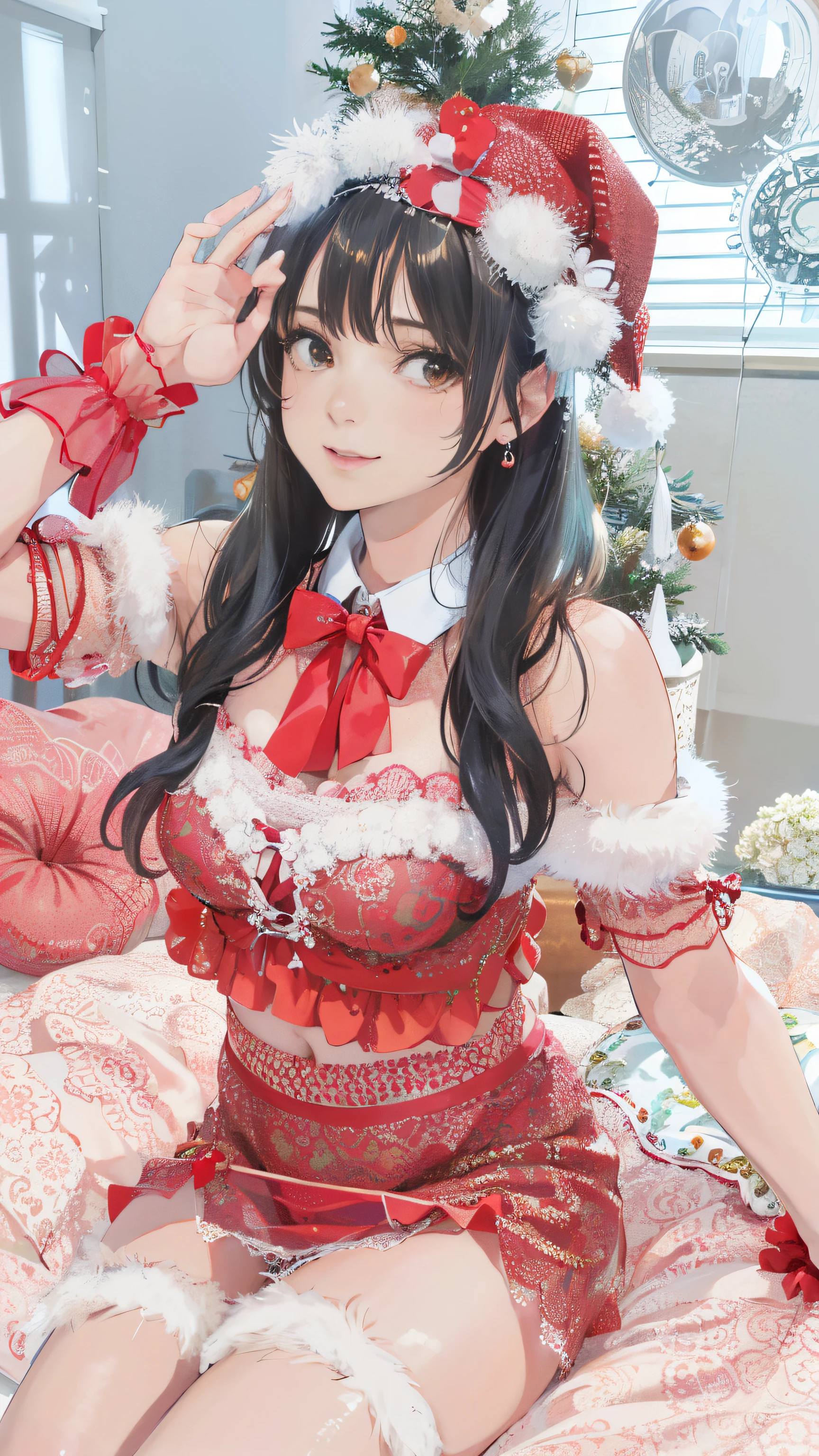 a beautiful young woman ((K-Pop singer Kim Gyu-mi (Sena), age 25), wearing an airy sheer Christmas night gown (shoulders exposed, open and untied down the middle, pubic hair shaved like a little heart) , nude except for night gown, her intimate areas partially exposed and very detailed), she is lying on her back on a bed decorated with Christmas silk sheets and is playing with a fluffy kitten while flirting with the viewer, Christmas lights have been hung along the edges of the ceiling , Christmas scene (best quality, 4k, 8k, highres, masterpiece:1.2), ultra-detailed, (realistic, photorealistic, photo-realistic:1.37), HDR, UHD, studio lighting, ultra-fine painting, sharp focus, physically-based rendering, extreme detail description, professional, vivid colors, bokeh, portrait, figurative, intimate, sensual, cozy, Christmas, warm lighting, chiaroscuro ( Along the top edge of the picture 'DO YOU TRUST ME' has been printed in Korean, and 'Girl Crush' is written over it in italics with neon pink ink. (show her entire body, show all of her)