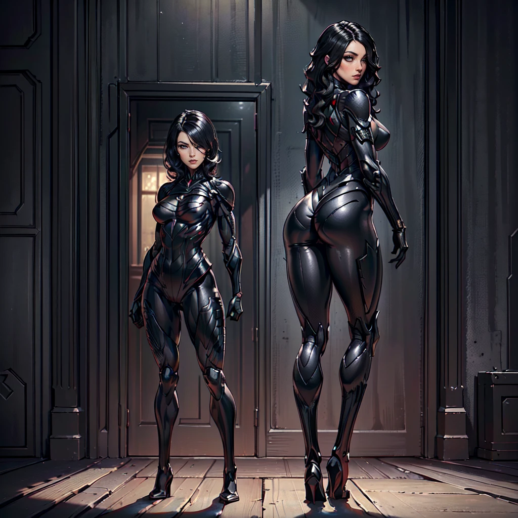 (Petaj, woman), dynamic pose, ((full body)), ((Black matte armor, )), (masterpiece, best quality), (detailed skin:1.3, detailed face:1.3), dslr,, (((hair over one eye))), (big hair1.2)), black hair), Grey Eyes, Mascara, Eyeliner, High resolution, Ultra-pointu, 16k, Masterpiece, from behind,