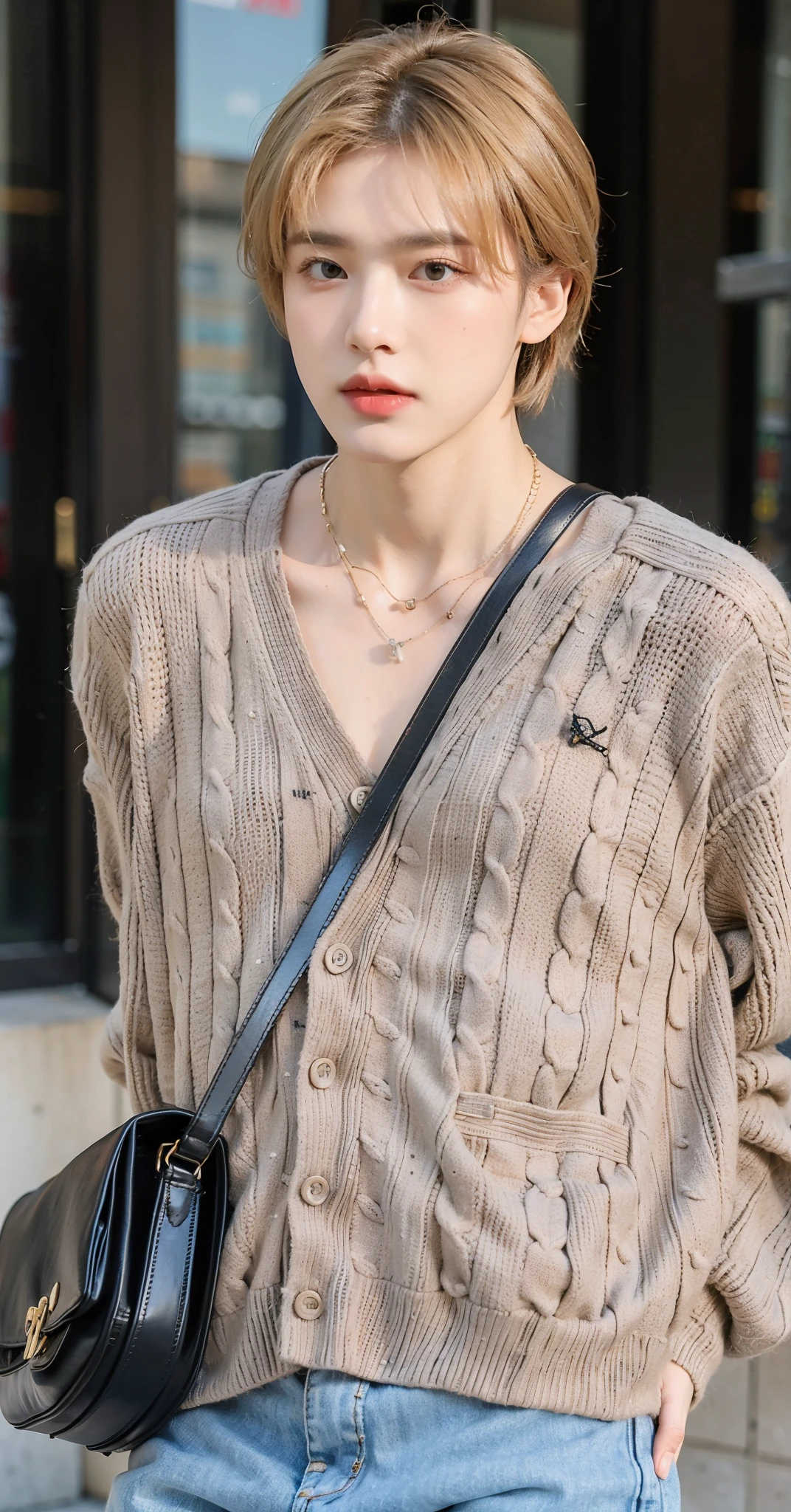 a closeup of a person wearing a sweater and a bag, Cai Xukun, Kim Taehyung, inspirado por Zhang Han, Ulzzang masculino, he is wearing a brown sweater, cardigan, JIA, muy guapo, lv jewelry, delicate androgynous prince, 8 mil ), extremadamente guapo, inspirado por Bian Shoumin, 8k))