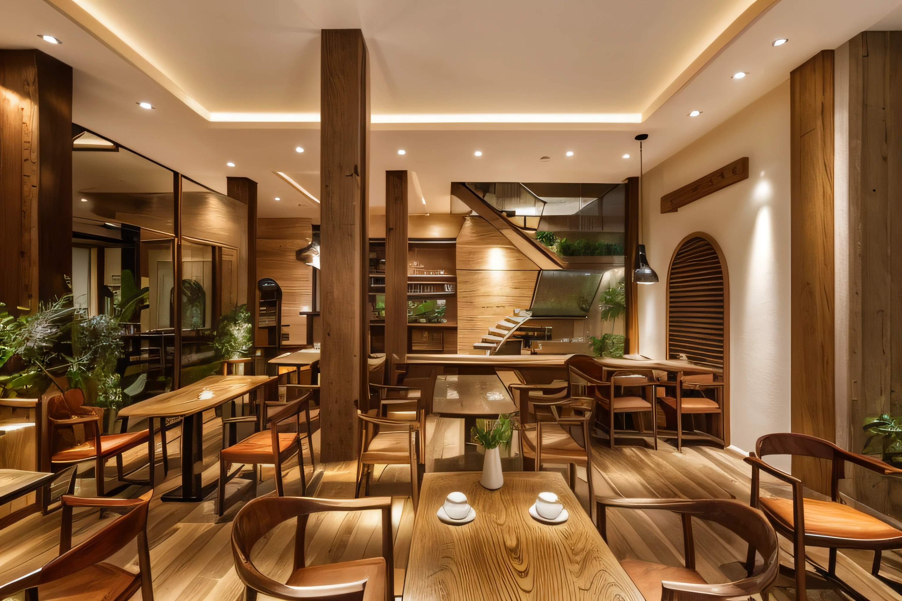 (Red wood color:1.2), This cafe is designed with a delicate blend of natural beauty and the warmth of oak or redwood. The interior space is adorned with natural elements such as plants, stones, water features, and landscapes, creating an environment closely tied to nature. Oak or redwood is widely used in the interior, from chairs and tables to bookshelves and the coffee counter. The inherent natural essence of wood provides a cozy atmosphere and a sense of intimacy, accentuating the beauty of natural materials. Traditional lighting fixtures are used to create focal points and provide warm illumination to the space. These lights often have classic designs, intricate patterns, or are crafted from natural materials like copper, precious stones, or glass, adding sophistication and uniqueness to the cafe. Greenery is strategically placed throughout the space, not only softening the industrial feel of the interior but also introducing natural color accents, fostering a tranquil and serene ambiance. Water features, stones, and Feng Shui elements are meticulously arranged to enhance attractiveness and instill a sense of relaxation for customers. Overall, this cafe boasts a rustic space closely connected to nature, providing a place where individuals can unwind, relish in a serene ambiance, and appreciate the refined beauty resulting from the fusion of natural wood and other elements from nature.