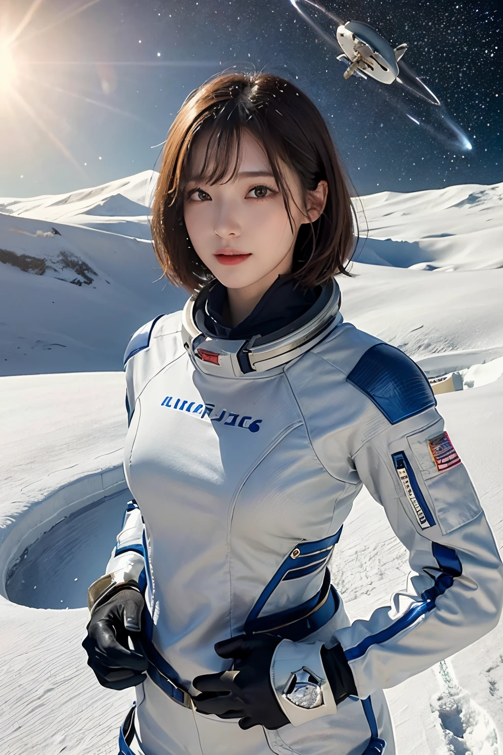 top-quality、masterpiece、超A high resolution、(realisitic:1.4)、Beautuful Women1、Beautiful detail eyes and skin、ssmile、Light brown short-cut hair、The perfect spacesuit、spaceships、cosmic space、iced&Snow Planet、weak sunshine、