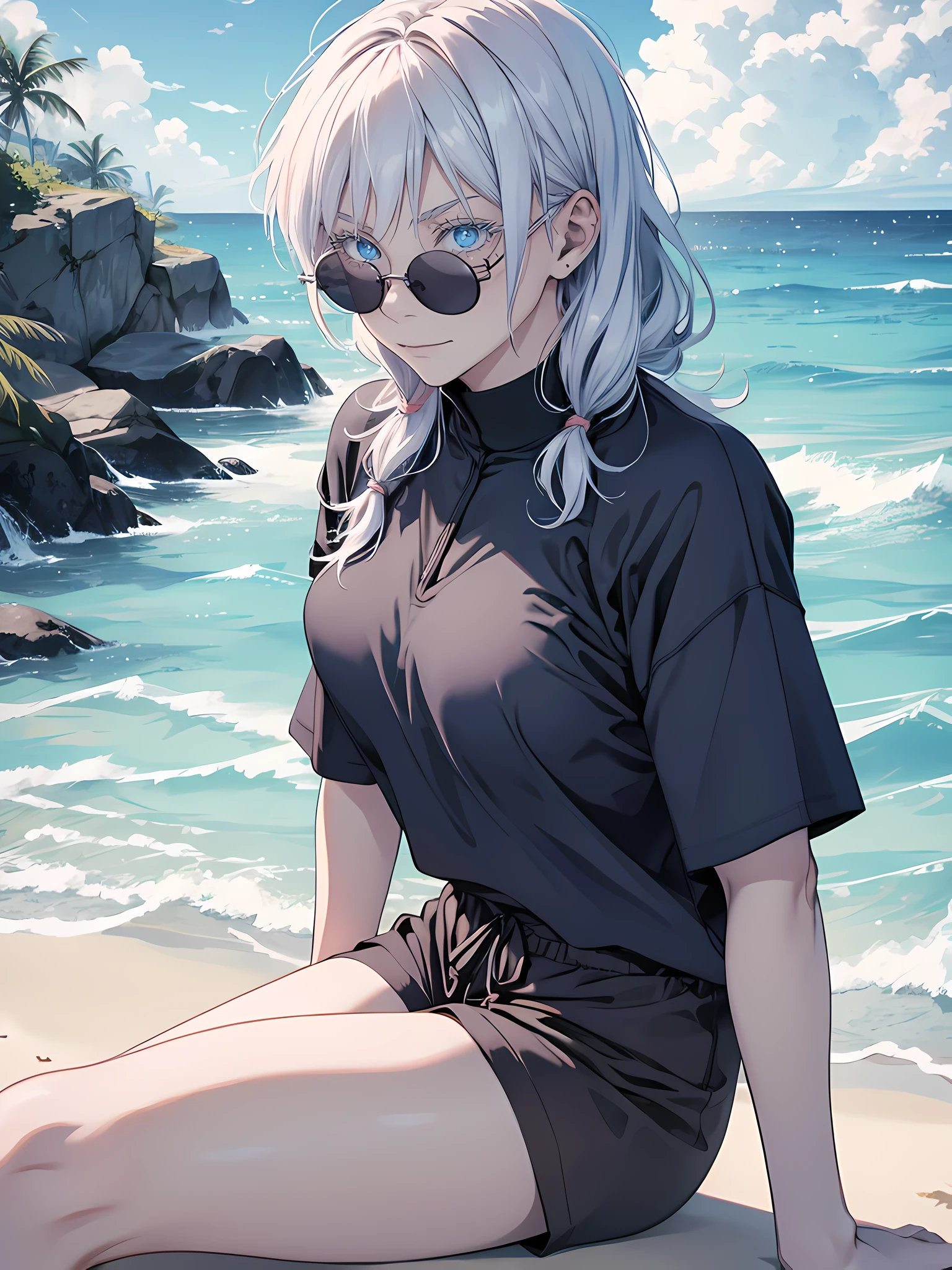 Woman, female version, female, jujutsu kaisen, solo, alone, happy, slightly smiling, white hair, bangs, long hair, white eyebrows, white eyelashes, light blue eyes, wearing round sunglasses, wearing light blue polo, blue shirt, wearing beach shorts, enjoying at the beach, sitting, sand, beach side, high quality, 4k resolution, anime