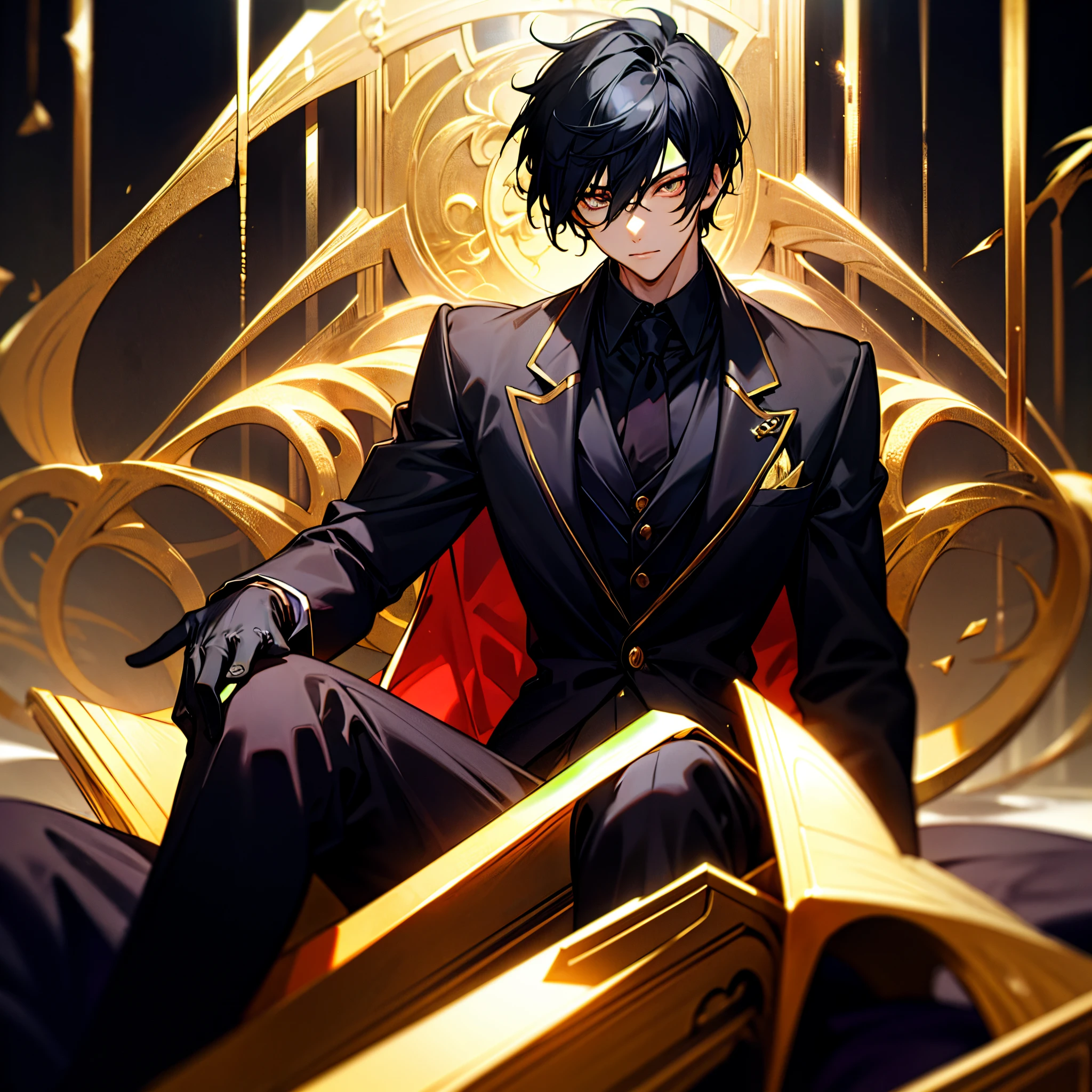 Black hair, short hair, gold eyes, dark eyes, teenager, glowing eyes, handsome male, male protagonist, all black suit, black gloves, sitting on a throne