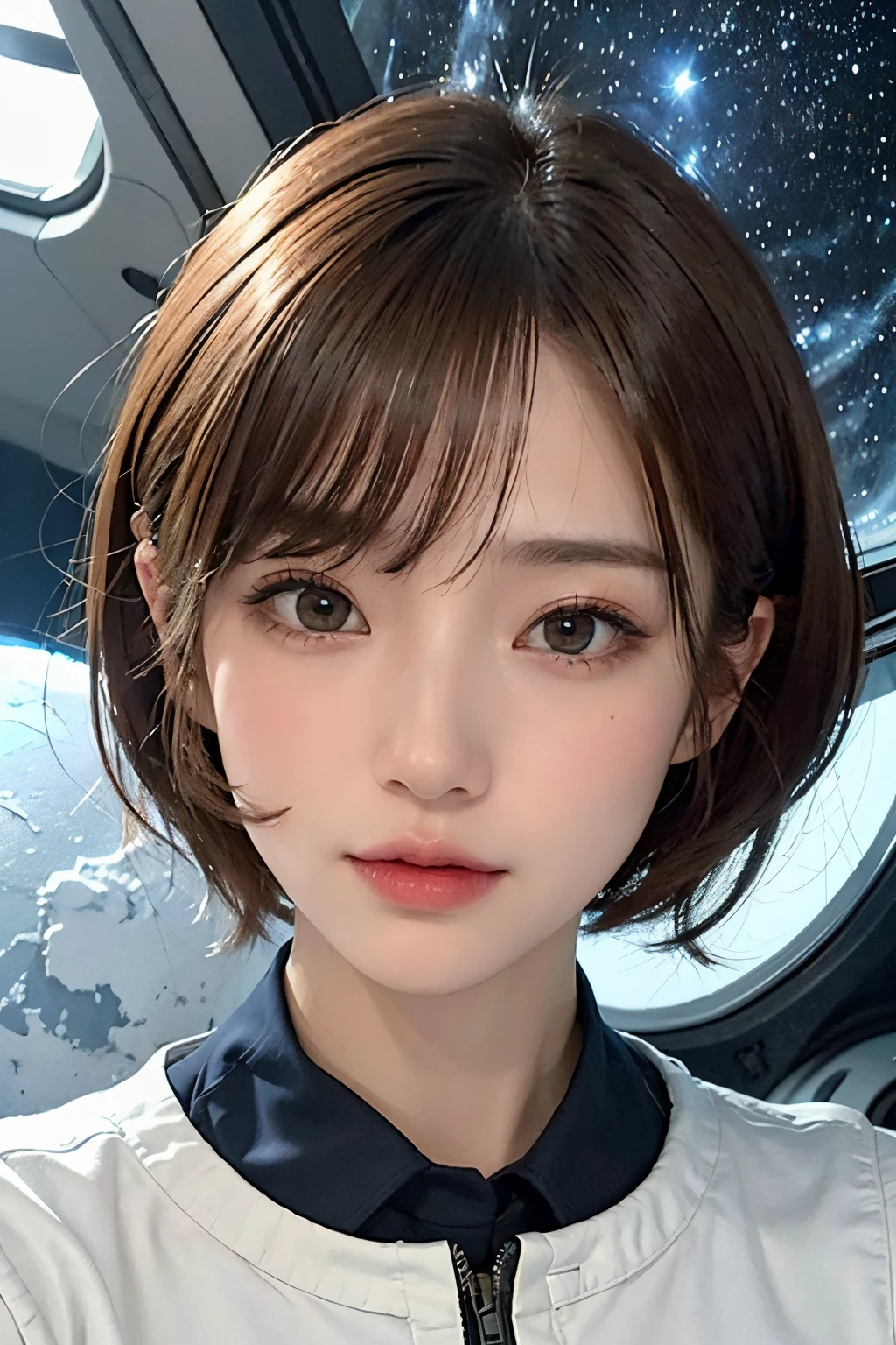 top-quality、masterpiece、超A high resolution、(realisitic:1.4)、Beautuful Women1、Beautiful detail eyes and skin、ssmile、Light brown short-cut hair、The perfect spacesuit、spaceships、cosmic space、iced&Snow Planet、weak sunshine、