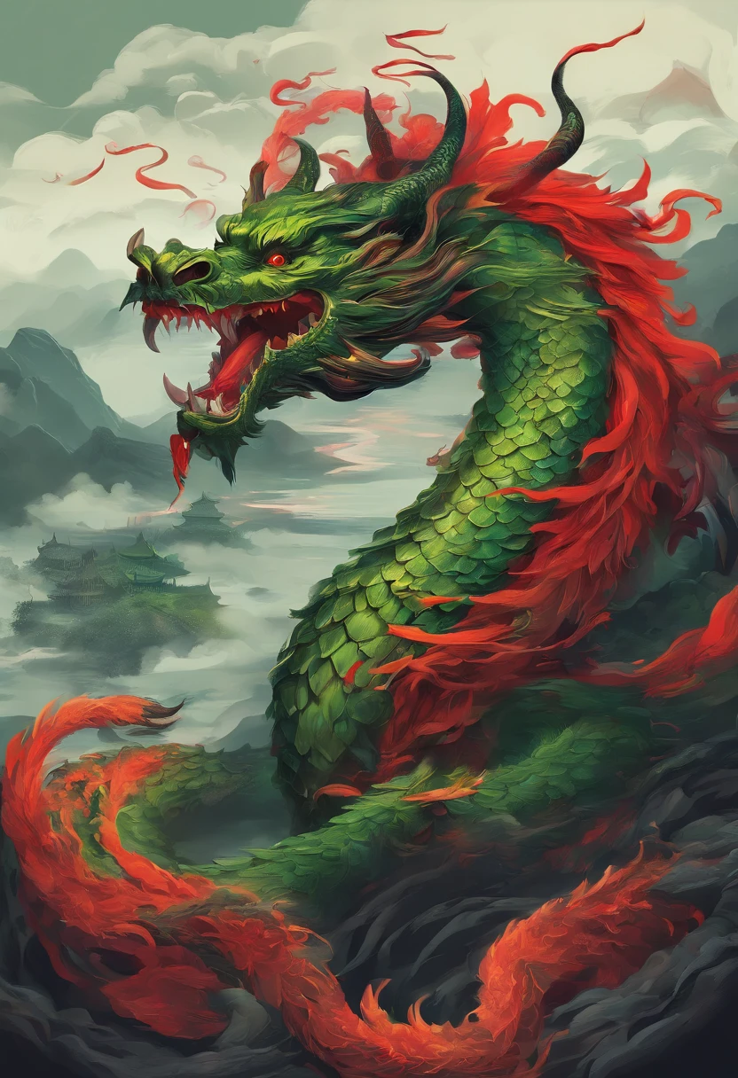 Estilo chino，chinese mythology，Green Dragon，rugido，Feroz，Gigantesco，Los ojos brillan en rojo，Efectos de resplandor，rodeado de nubes，中景 the scene is，cuerpo completo como， VFX surrealista altamente detallado，OC renderizado， - AR 16:9 --q 2 --s 1000