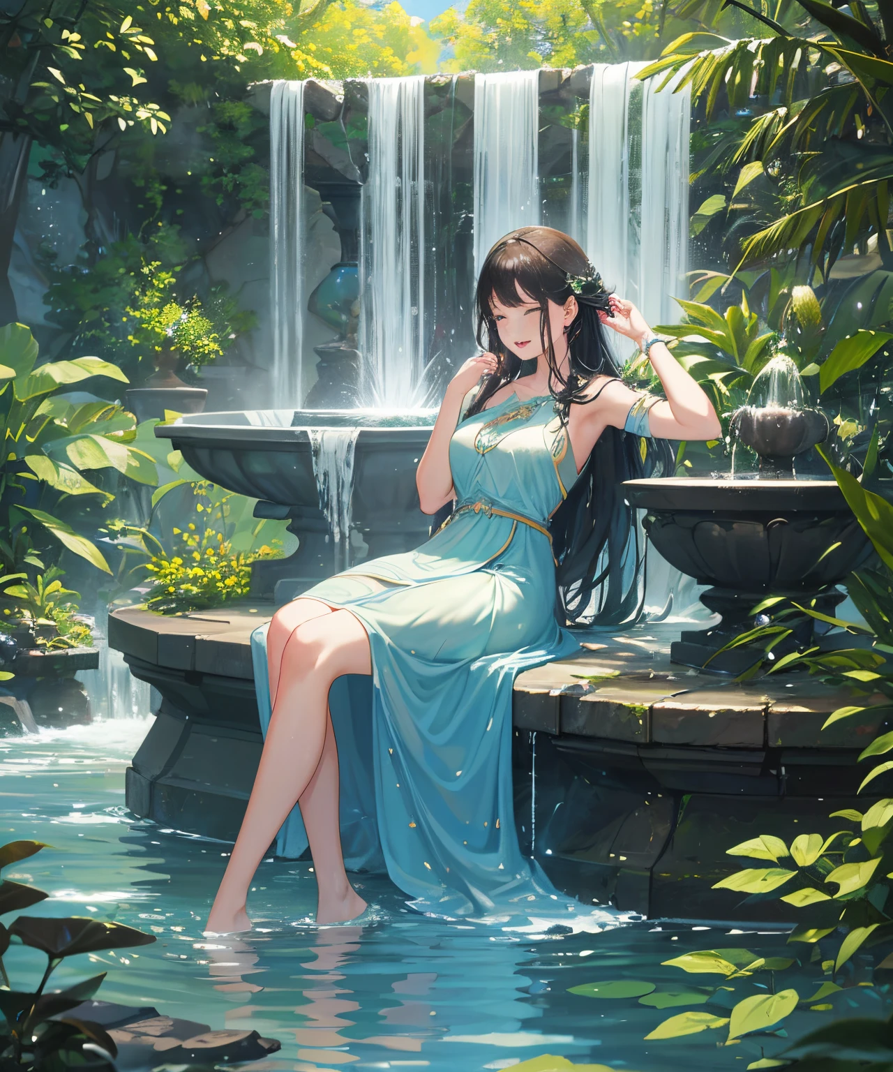 (best quality,4k,8k,highres,masterpiece:1.2),ultra-detailed,(realistic,photorealistic,photo-realistic:1.37),a woman playing in a beautiful fountain near a square,water splashing,bright sunlit scene,people enjoying the day,splashing water drops,fountain spray capturing the light,rippling water surface,reflective water reflections,colorful flowers surrounding the fountain,serene and joyful atmosphere,splashing sound of water droplets,breezy wind rustling through the trees,people wearing summer clothes,happy and carefree expressions,laughter and playful interactions,glimmering sunlight creating a magical ambience,children running and laughing,eye-catching water jets in various heights,dancing water droplets under the sunshine,blending harmoniously with the surrounding architecture,ornate sculptures and decor,impressive architectural details,stone pathways leading to the fountain,lively atmosphere with people chatting and relaxing,sparkling water creating a mesmerizing effect,long exposure capturing the dynamic movement of water,spectacular sight with water droplets frozen in mid-air,beautifully crafted stone benches for people to sit and admire the view,vibrant colors illuminating the scene,perfect contrast between the woman's joyful expression and the tranquil surroundings,clear blue sky,soft breeze gently caressing the woman's hair.