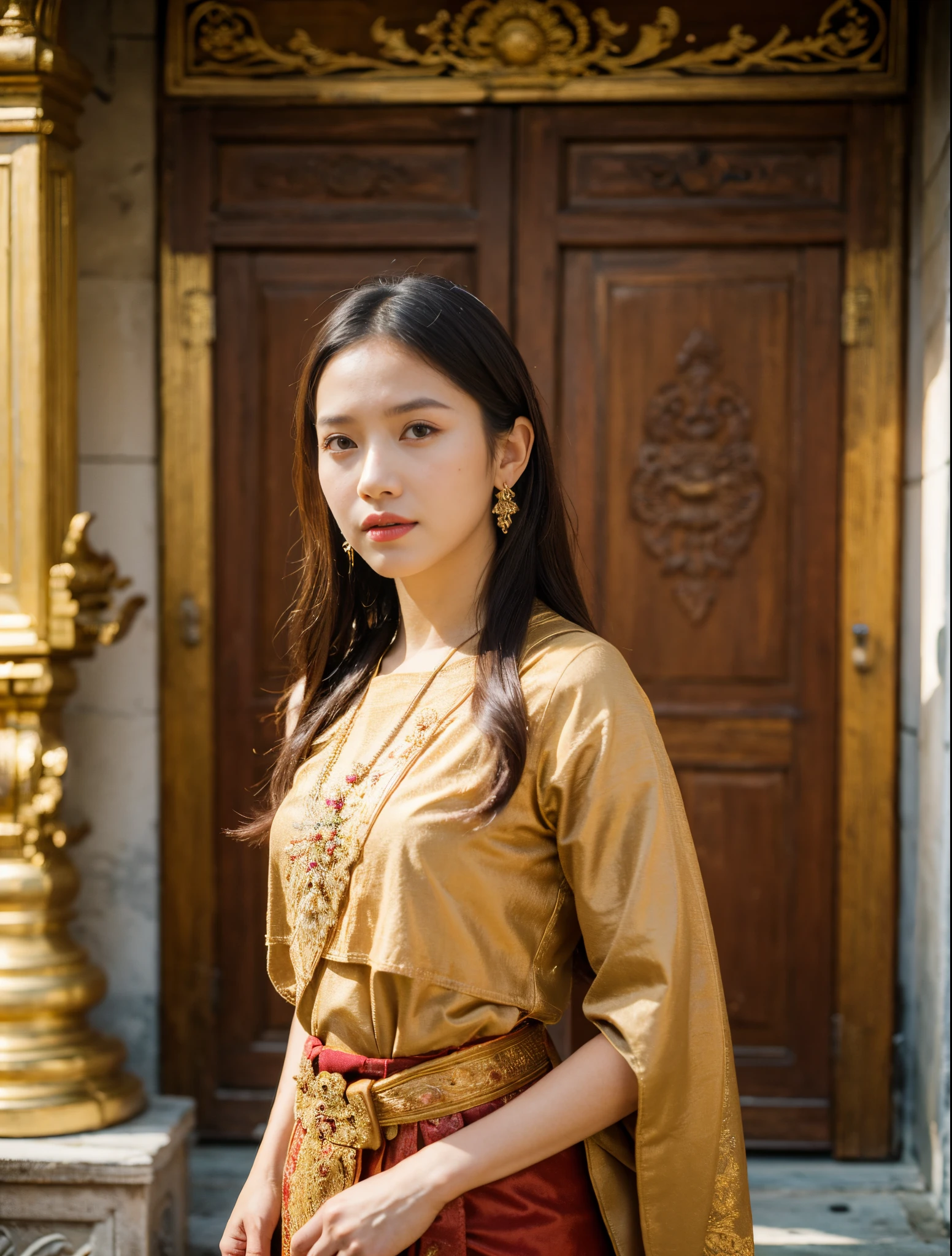 (10,masterpiece,There's nothing wrong with it....., Realistic :1.3), bestquality, portrait , Realistic, face focus, 1 woman, brown long hair, Traditional Thai costumes , ( comfortable:1.2), temple background, (breeze:1.2),(sun lighting:1.2)