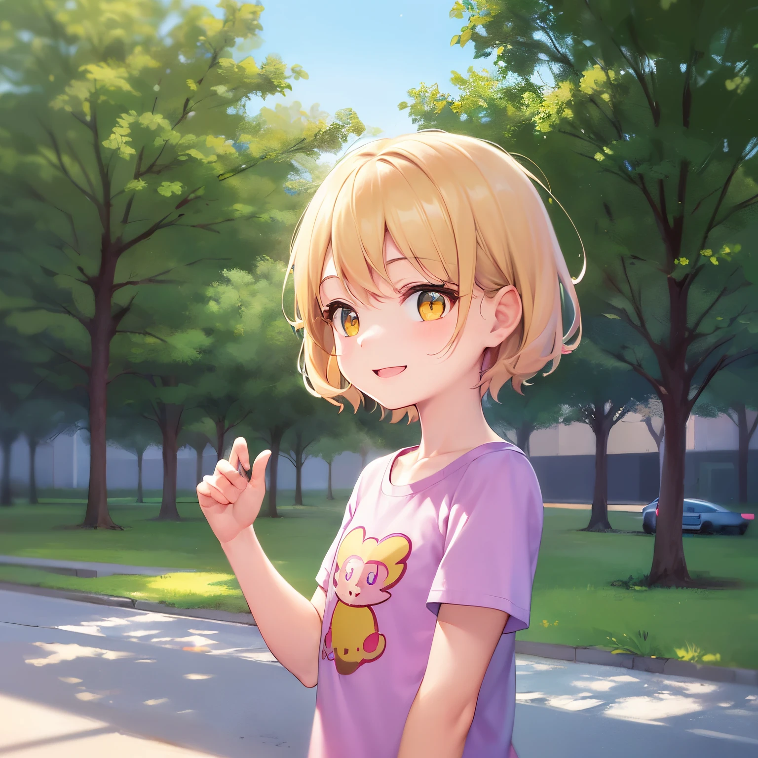 looking away, Side angle, ​masterpiece、hightquality、(blonde short hair, yellow  eyes)、5-year-old girl、child, (Alone:1.5)、Wearing a pink T-shirt、Hands raised、(The upper body of the subject is shown:1.3)、(Smiling expression:1.1)、Bold composition、The background is a park