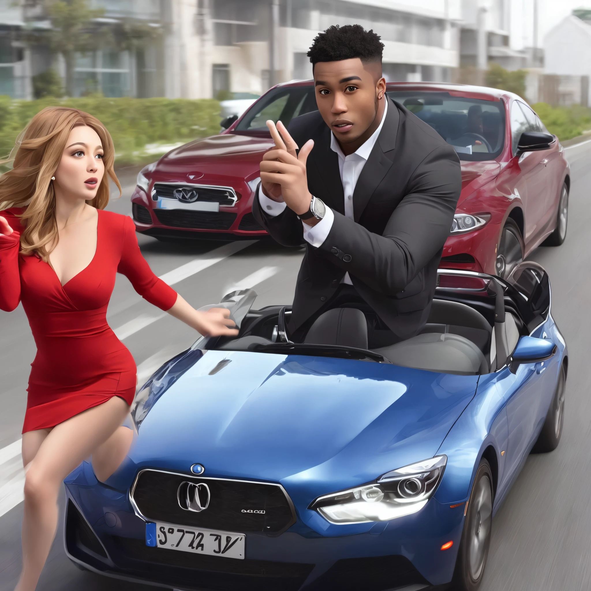 make a black man in a blue car with the license plate of 999, speeding off away from a woman in a red dress while flipping her off