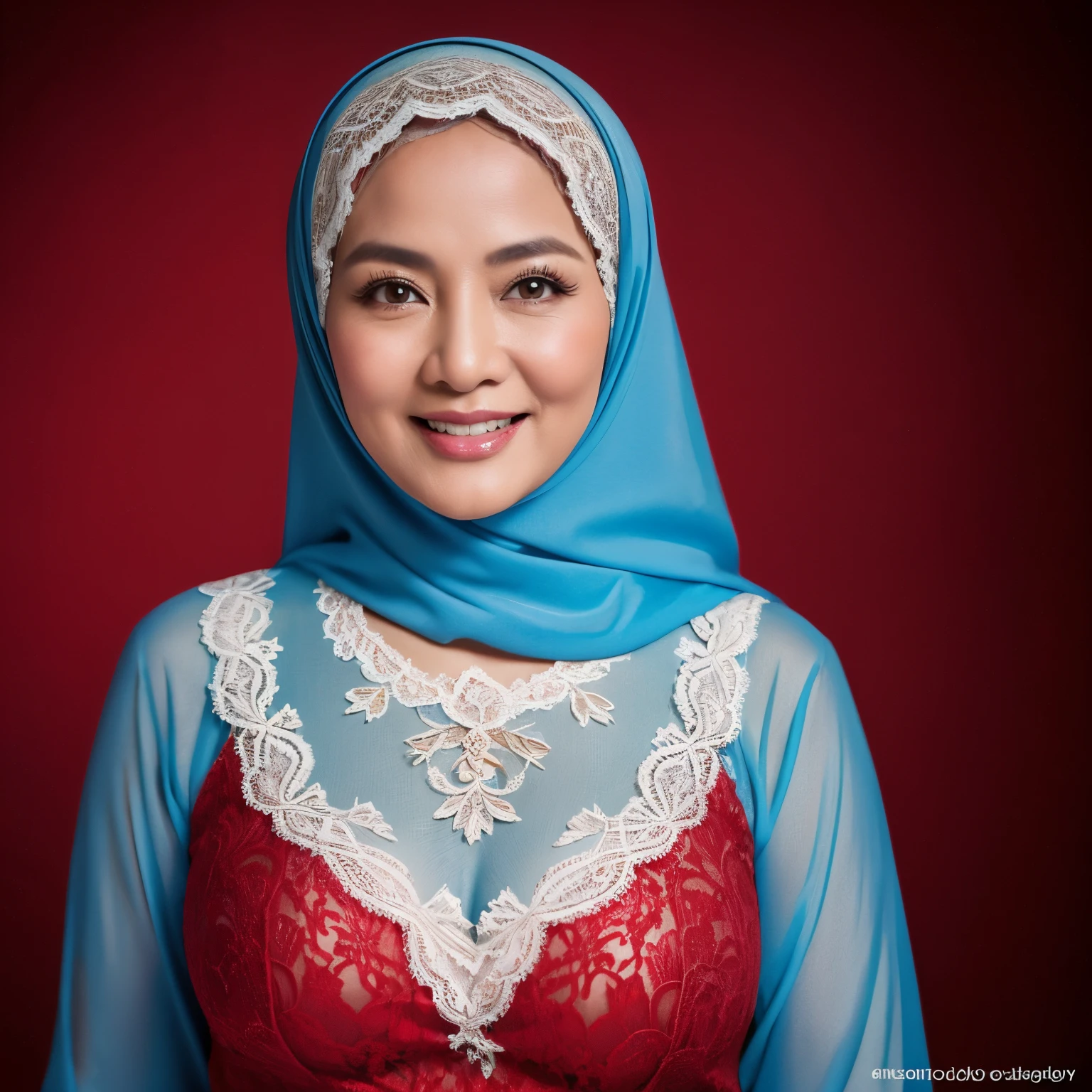 56 Years old, matured malay woman in hijab wearing lace red color pajamas portrait photography, mid shot photo, ultra detail, professional photograph with professional lighting, smile, light blue studio background, sexy seducing pose, curvy