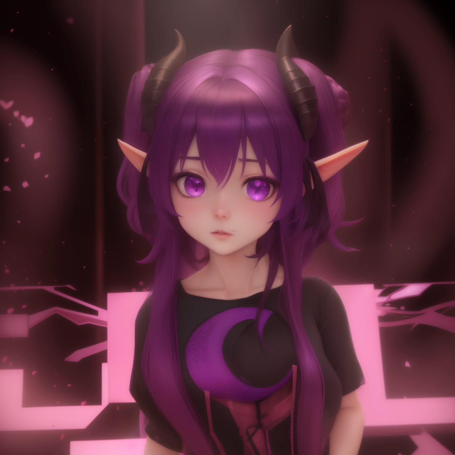 uma garota com chifres e uma camisa preta fica na frente de um fundo roxo, menina anime demon, mika kurai demon, Demon girl, com chifres, shalltear from overlord, shalltear bloodfallen, giesha demon, menina anime com orelhas pontudas, portrait of demon girl, portrait of a female demon, Impacto de Ayaka Genshin, anime estilo 3d, high definition, cute, beuatiful, succubus, sexy, best quality, fidelity collors