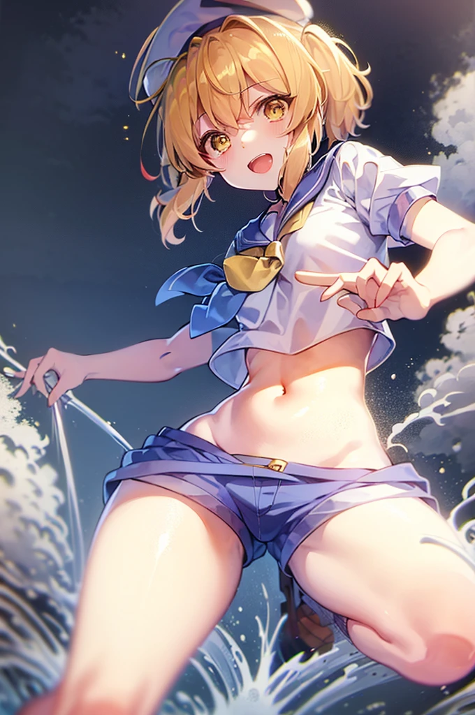 Twin-tailed golden-haired girl in sailor suit, Visible navel, Wear a hat and pants. (Best Quality, hight resolution), extremely detailed and lifelike, Vibrant colors, Soft lighting, Short sleeves, Sailor Cap, Twin-tailed, Chiyuri Kitashirakawa, One Girl, a blond, Golden eyes, ORIENTAL PROJECT, PC-98, Blue sailor suit, short trousers