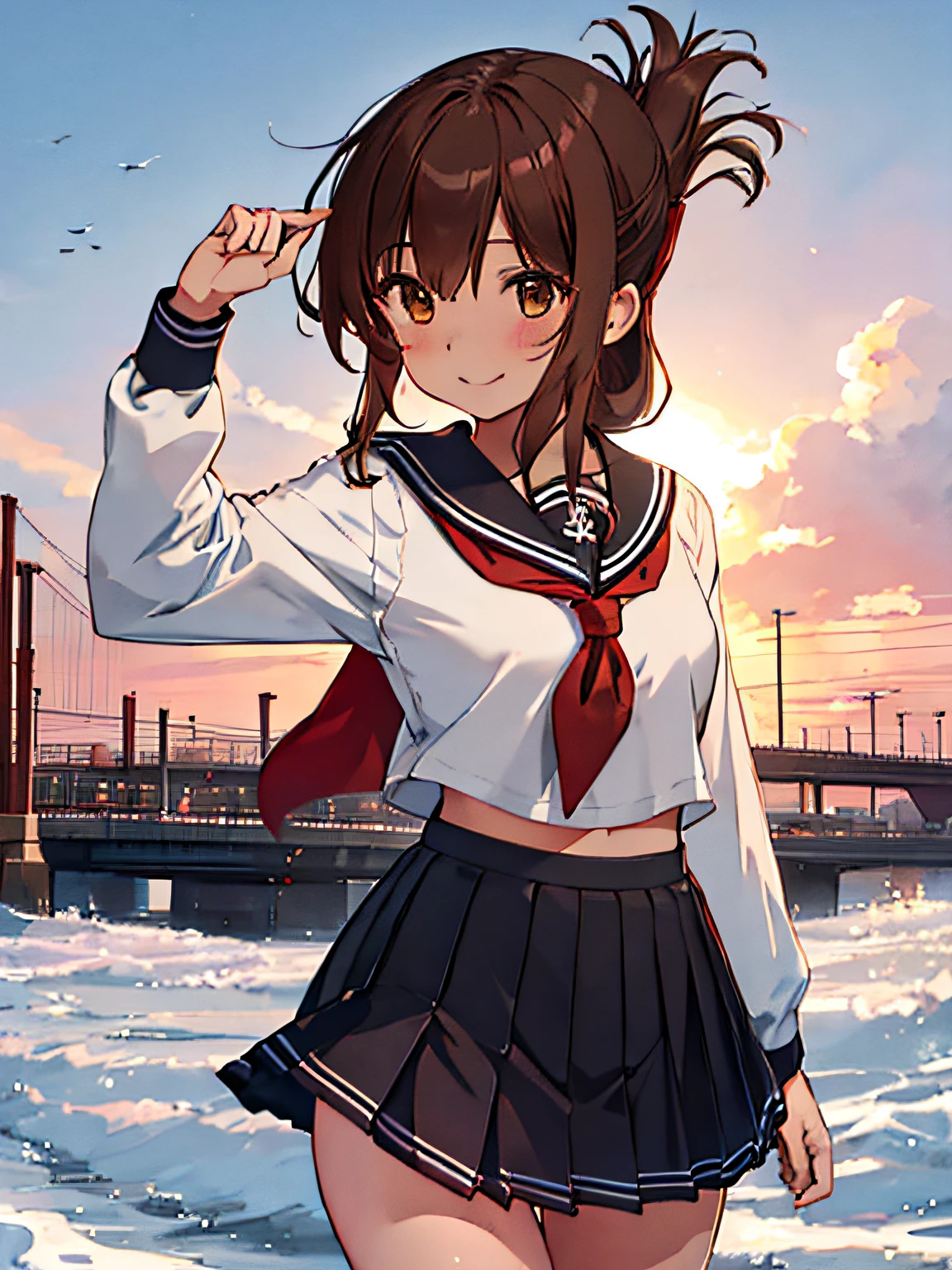 best quality, masterpiece, highres, solo, {inazuma_kantaicollection:1.15}, brown_hair, folded_ponytail, brown_eyes, serafuku, long_hair, blush, open_mouth, smile, 1girl, anchor_symbol, black_skirt, long_sleeves, looking_at_viewer, neckerchief, pleated_skirt, red_neckerchief, sailor_collar, school_uniform, skirt, black_sailor_collar