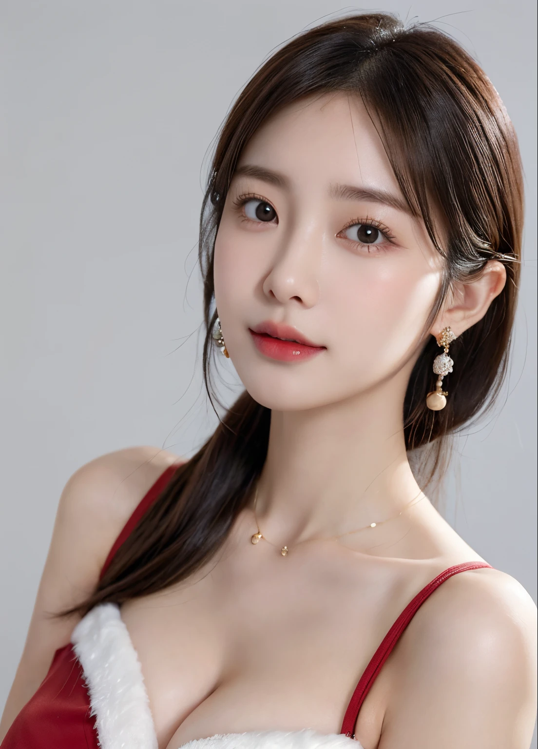 1 girl, NSFW, (White background), ((8K, RAW, Masterpiece: 1.4)), (Professional Photoshoot, sharp:1.2), ((Portrait shot)), Perfect dynamic composition, (Natural sunlight), (Soft Shadow), (Sexy body:1.4, Slim abs:1.2), ((Japanese Hairstyle:1.4, Huge breast:1.2)), Medium long hair, Ultra detail face and skin, Perfect Asian, white skin, (Detailed skin:1.3),(Latex skin:0.4), (Perfect Glossy Skin:0.6), Ai Shiramori, office lady, 30-year-old, weight 48kg, height 168 cm, Fashion Model, ((Sexy Santa Claus Costume)), showing cleavage, blonde hair, light brown eyes, beautiful eyes, round eyes, pretty face, Blushing face, glossy lips, high nose bridge, lustrous eyes, a face of perfect proportion, realistic humid skin, Exquisite Expression, lightly smile to the camera, Looking at camera, exquisite expression, elegance necklace, elegance earrings, minimalist, various sexy pose, christmas, snow