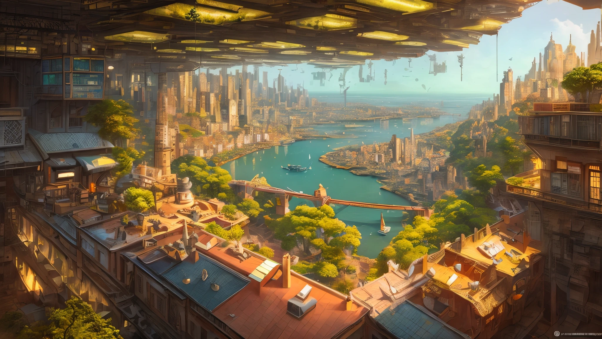 beautiful open kitchen in the style of elena of avalor overlooking aerial wide angle view of a solarpunk vibrant city with greenery, interior architecture, ocean, river, ships, citizens, rampart, rendered in octane, in the style of Luc Schuiten, craig mullins, solarpunk in deviantart, photorealistic, highly detailed, Vincent Callebaut, elena of avalor, highly detailed