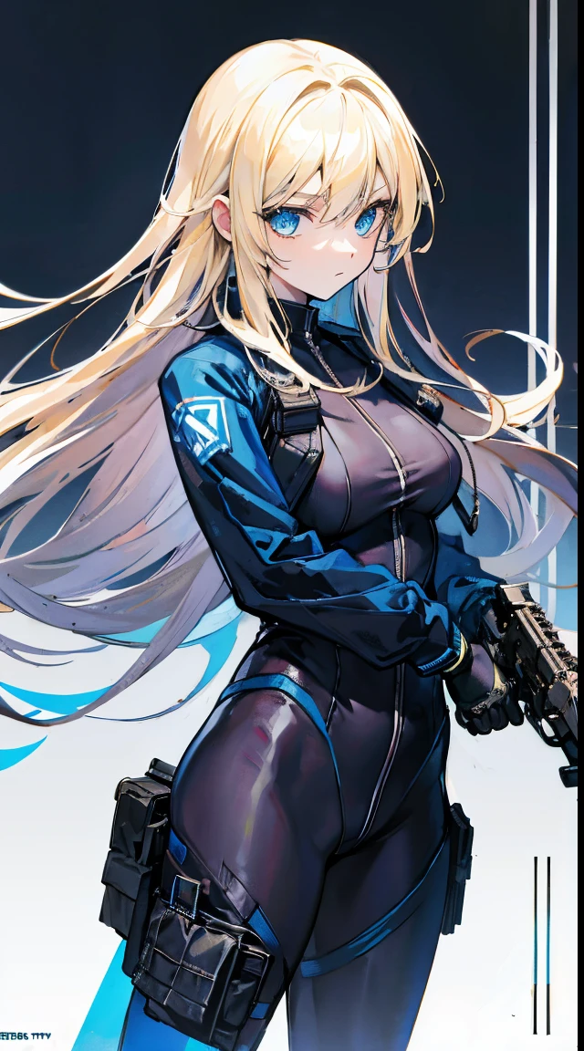 nothing background，girl，Carry a firearm，Torn clothes，tightsuit，use of firearms，Long blonde hair，heads up，blue color eyes