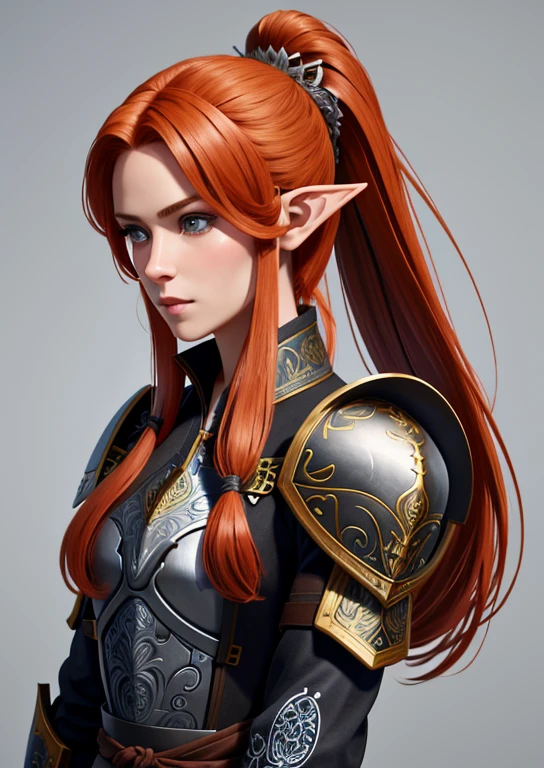 extremely detailed 8k wallpaper, Ultrarealistic, highres, masterpiece, ultra-detailed, high resolution, smooth, video game cut scene, close up, various angles, 1 young female elf warrior with a very detailed long hair, ((intricate hairstyle:1.3)), half up half down pony tail, (((ginger hair))), pale skin, wearing ripped leather armor, damaged armor, a short sword is her weapon, detailed face, focus on face, video game cut scene, smooth, Insanely detailed, (Character Concept Art), (Grey Background:1.4), (Character Sheet:1.6), Character Sketch, Stylized Digital Arts, Bits of Color, Masterpiece, Hand Drawn Sketch, (Realistic Drawing:1.4), High Detail, (Mix of Bold Dark Lines and Loose Lines), Bold Lines, Writings, Arcane Symbols, Runes, Intricate Artwork, 8k, anime, award wining, masterpiece, super detail, detailed background, anatomically correct, best quality, 16k , （tmasterpiece：1.3), extremely Clear