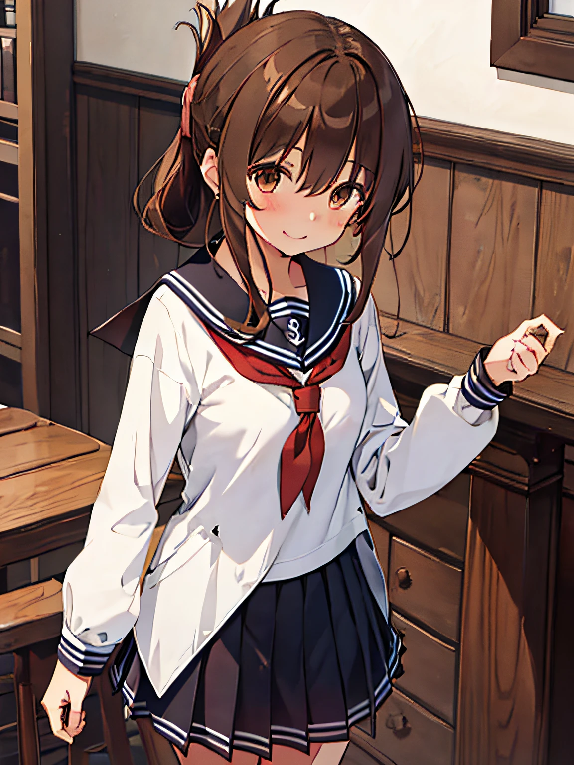 best quality, masterpiece, highres, solo, {inazuma_kantaicollection:1.15}, brown_hair, folded_ponytail, brown_eyes, serafuku, long_hair, blush, open_mouth, smile, 1girl, anchor_symbol, black_skirt, long_sleeves, looking_at_viewer, neckerchief, pleated_skirt, red_neckerchief, sailor_collar, school_uniform, skirt, black_sailor_collar