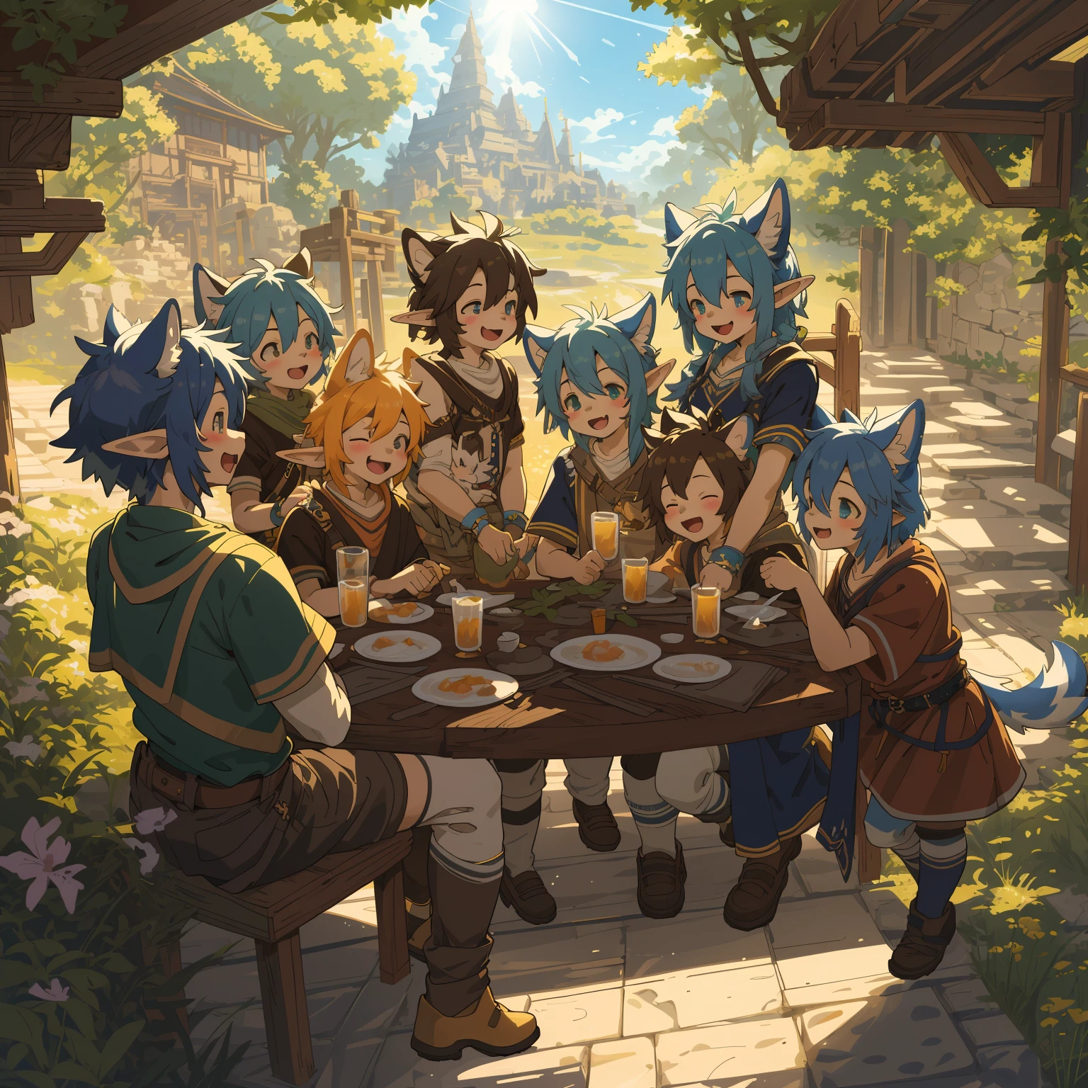 cover_page, highres, top quality, best quality, paid reward available, High-quality illustrations, unparalleled masterpiece, perfect artwork, absurdres, super high resolution, detailed background, elf punk, Beautiful World Heritage, 6+boys, 6+girls, Happy, joyful(Photo of family trip)(kemono, furry anthro)cinematic lighting, dynamic angle,