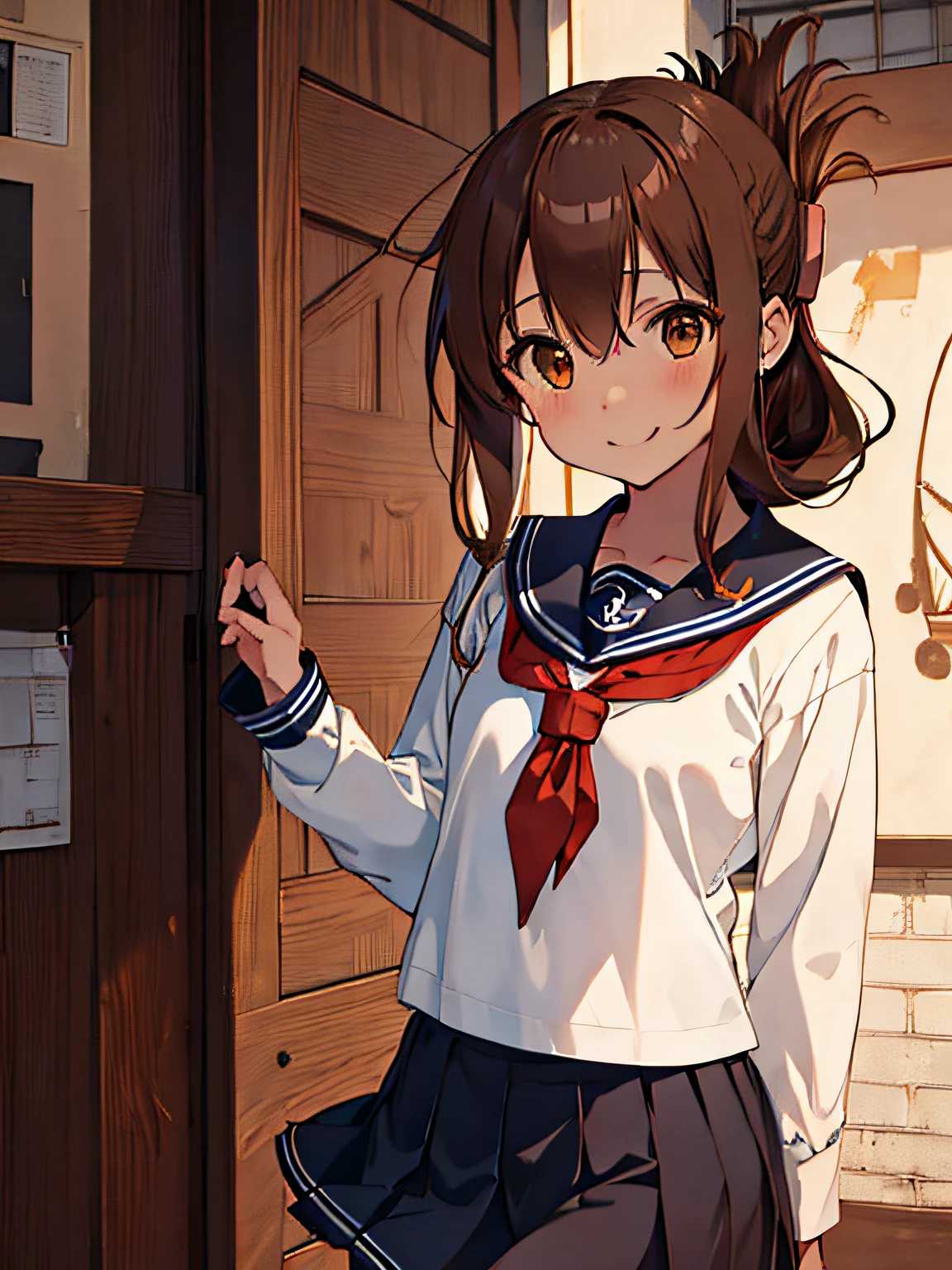 Best Quality, masutepiece, hight resolution, Solo, {Inazuma_Kantai Collection:1.15}, brown_hair, Folded_Ponytail, brown_Eyes, serafuku, long_hair, blush, Open_Mouth, Smile, 1girl in, anchor_symbol, Black_Skirt, long_sleeves, up looking_で_viewer, neckerchief, Bikini, Red_neckerchief, sailor_Collar, School_uniform, Bikini, Black_sailor_Collar