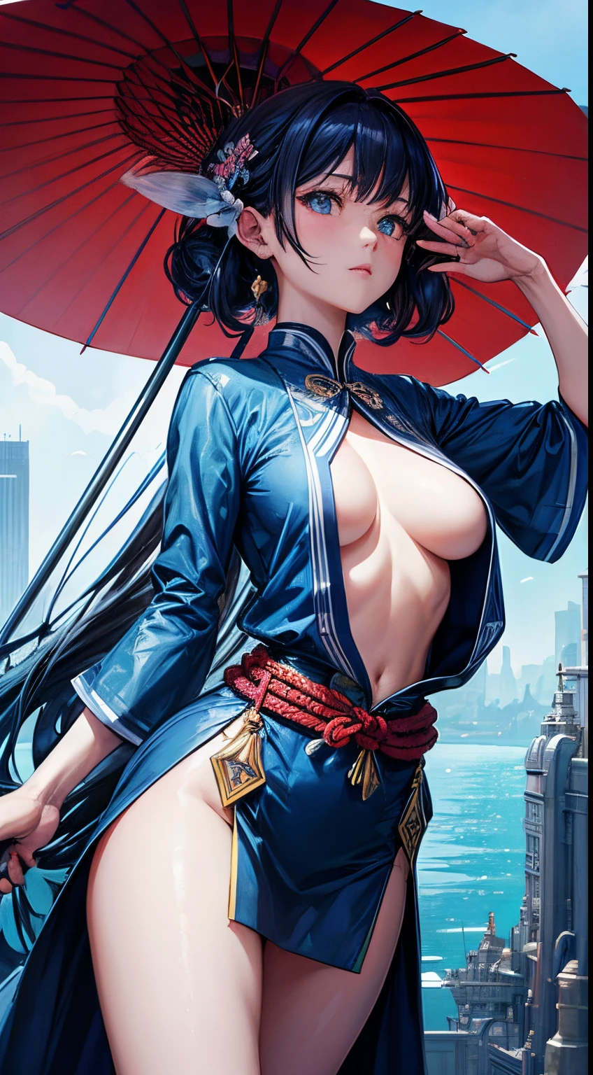 Hiroshi Masumura, Alphonse mucha, Surreal, mysterious, bizarre, fantastic, fantasy, sci-fi, Japanese anime, rainy Sunday, the world is dyed in pale blue, a beautiful girl in a miniskirt walks with a red umbrella, perfect body, a sense of tranquility, skyscrapers in the distance, a blue whale swimming slowly in the sky in the foreground Bird's eye view wide angle, detailed masterpiece depth of field cinematic lighting