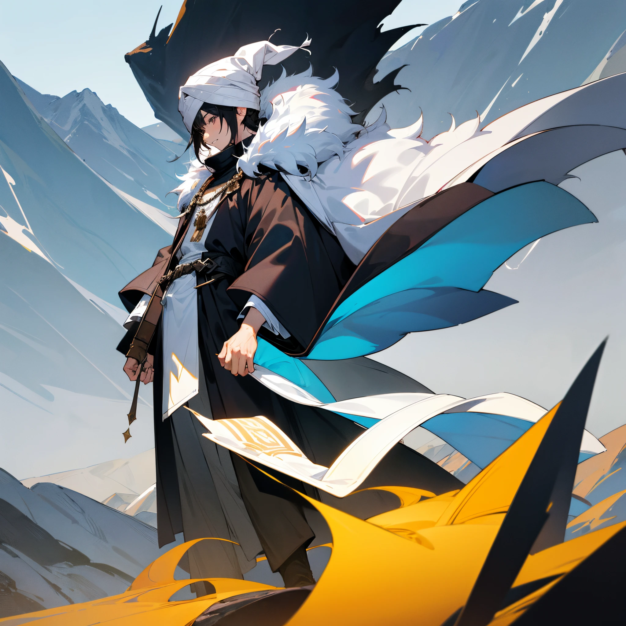 1male, young boy, messy black hair, black casual clothing underneath, form fitting sleeves, oversized white fur overcoat, cloak over shoulder, layered clothing, wrapped turban, mountain background, standing on mountain, perfect quality, masterpiece quality