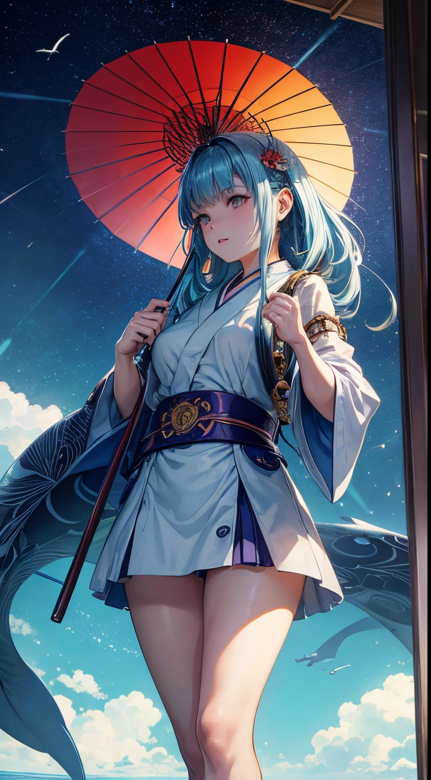 Hiroshi Masumura, Alphonse mucha, Surreal, mysterious, bizarre, fantastic, fantasy, sci-fi, Japanese anime, rainy Sunday, the world is dyed in pale blue, a beautiful girl in a miniskirt walks with a red umbrella, perfect body, a sense of tranquility, skyscrapers in the distance, a blue whale swimming slowly in the sky in the foreground Bird's eye view wide angle, detailed masterpiece depth of field cinematic lighting