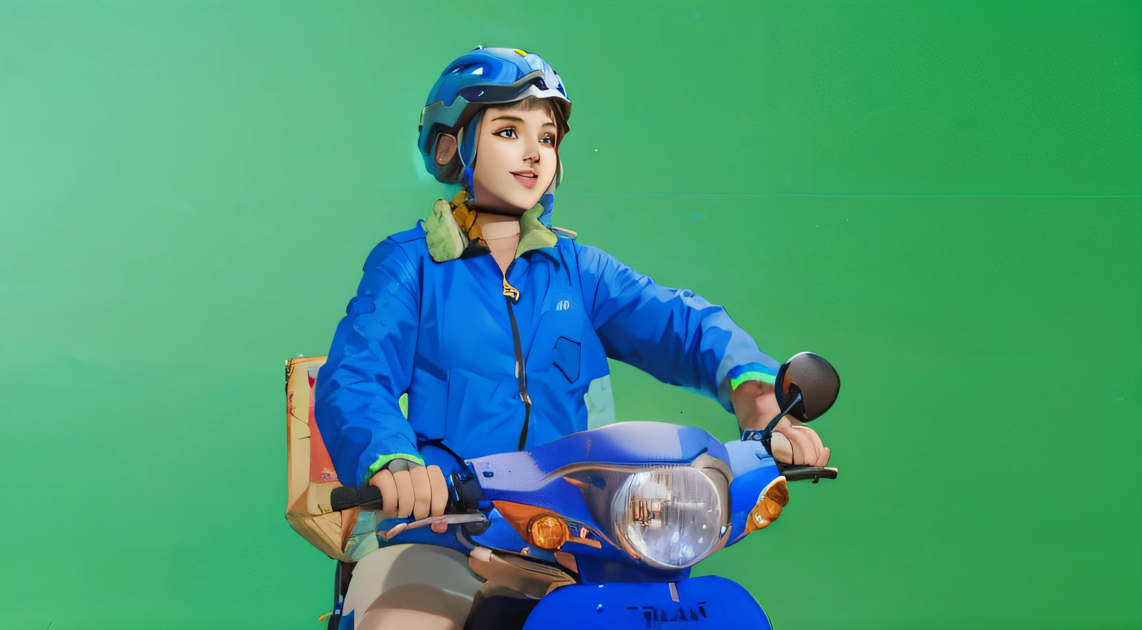 a sketch anime girl with smiling face, who wearing blue jacket and blue helmet, she riding a blue motorcycle, looking in her hand