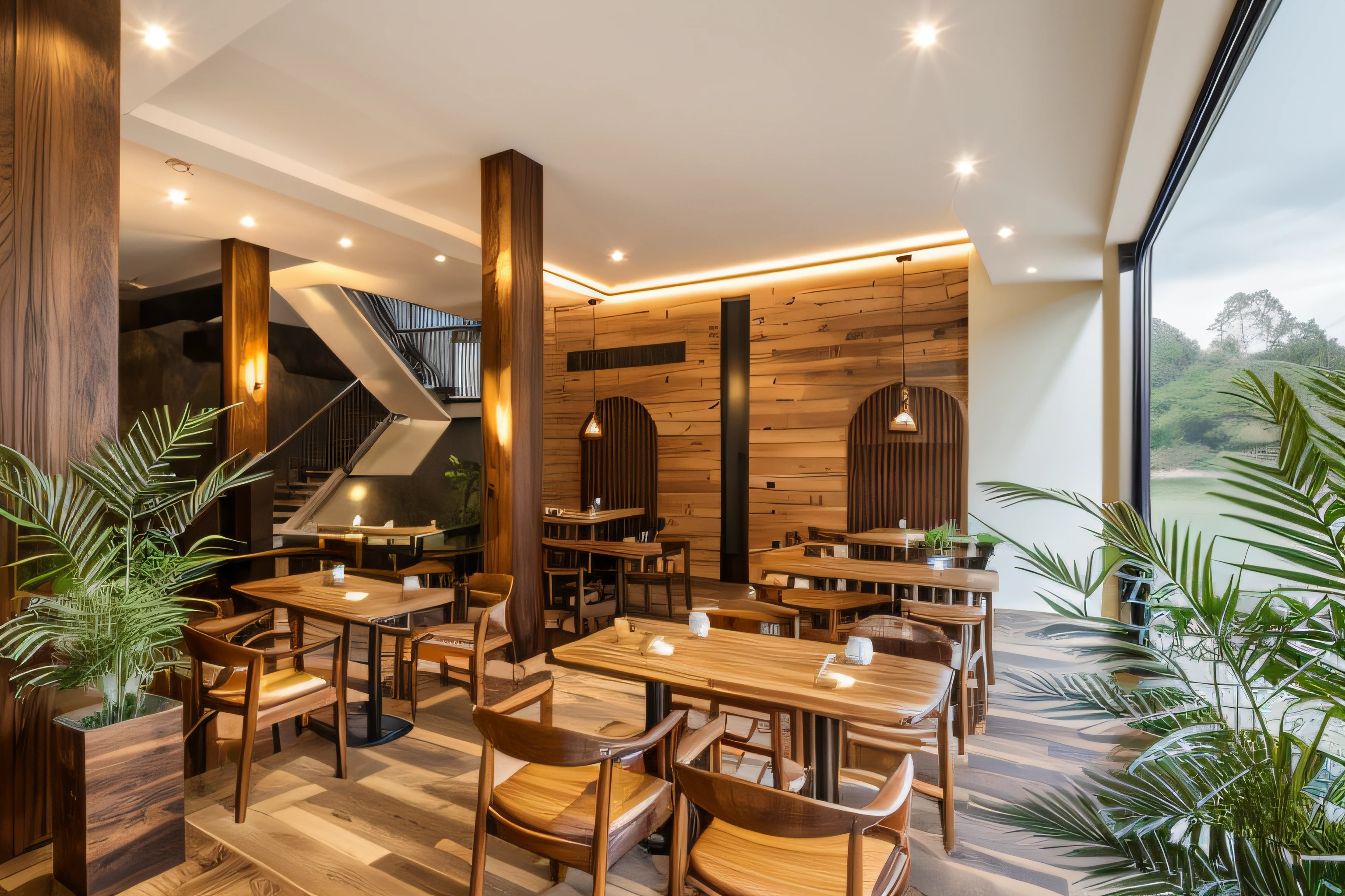 (Red wood color:1.2), This cafe is designed with a delicate blend of natural beauty and the warmth of oak or redwood. The interior space is adorned with natural elements such as plants, stones, water features, and landscapes, creating an environment closely tied to nature. Oak or redwood is widely used in the interior, from chairs and tables to bookshelves and the coffee counter. The inherent natural essence of wood provides a cozy atmosphere and a sense of intimacy, accentuating the beauty of natural materials. Traditional lighting fixtures are used to create focal points and provide warm illumination to the space. These lights often have classic designs, intricate patterns, or are crafted from natural materials like copper, precious stones, or glass, adding sophistication and uniqueness to the cafe. Greenery is strategically placed throughout the space, not only softening the industrial feel of the interior but also introducing natural color accents, fostering a tranquil and serene ambiance. Water features, stones, and Feng Shui elements are meticulously arranged to enhance attractiveness and instill a sense of relaxation for customers. Overall, this cafe boasts a rustic space closely connected to nature, providing a place where individuals can unwind, relish in a serene ambiance, and appreciate the refined beauty resulting from the fusion of natural wood and other elements from nature.