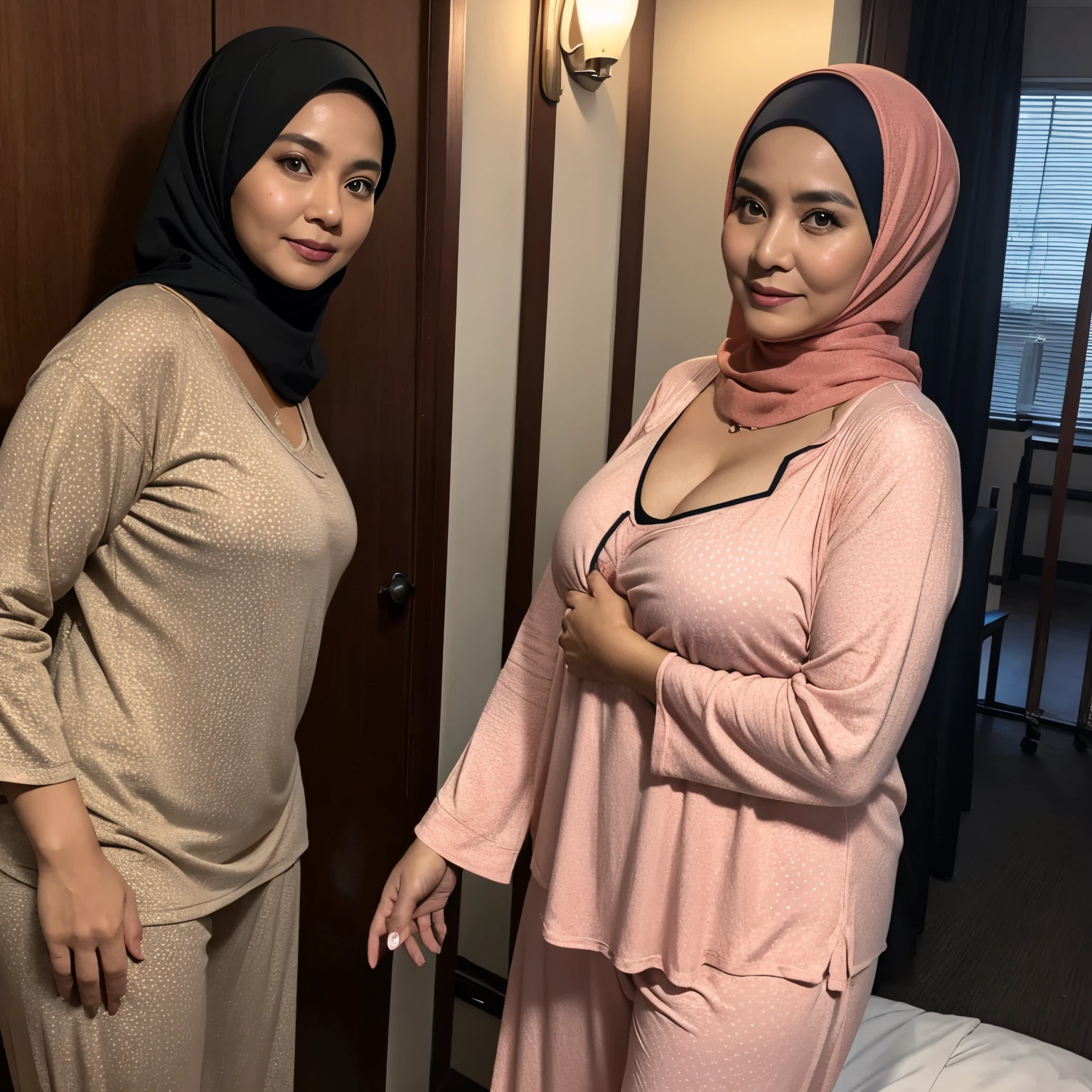 56 years Old, Hijab Indonesian mature woman, Big Tits : 43.9, Pajamas, curvy body, Breast about To burst out from her clothes, at doctor office, Dark light, at Nighttime.