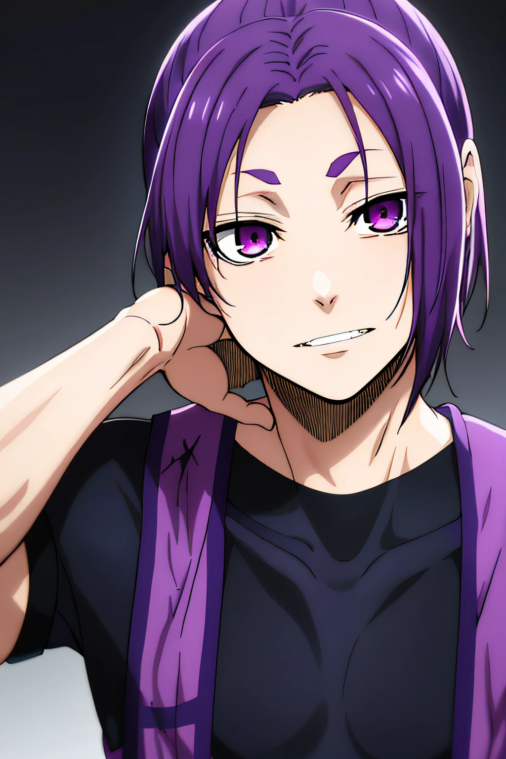 masutepiece, Best Quality, High quality, 1boy, Solo, Male Focus, Looking at Viewer, Upper body, Mikage_defendant, Purple eyes, Purple hair,