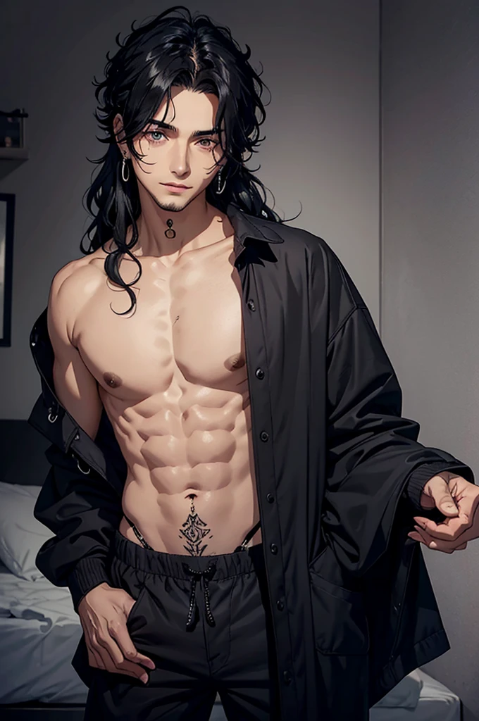 Male, 25 years old, black wavy hair, earrings, piercings, night, lights off, no shirt, bedroom