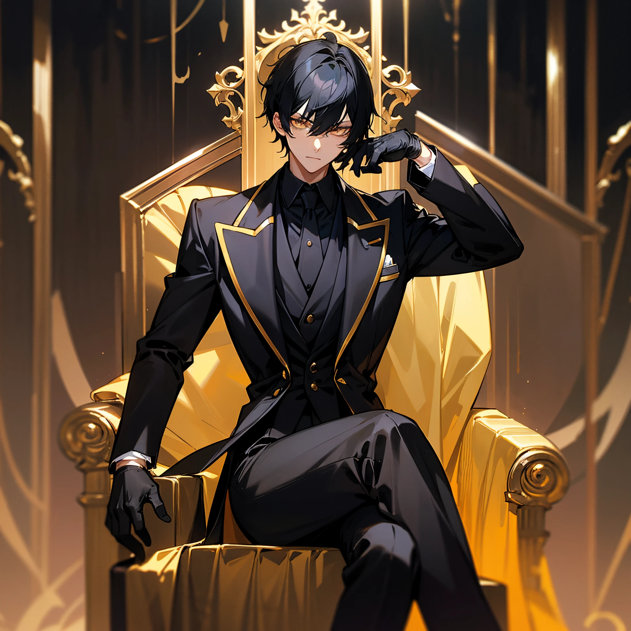 Black hair, short hair, gold eyes, dark eyes, teenager, glowing eyes, handsome male, male protagonist, all black suit, black gloves, sitting on a throne